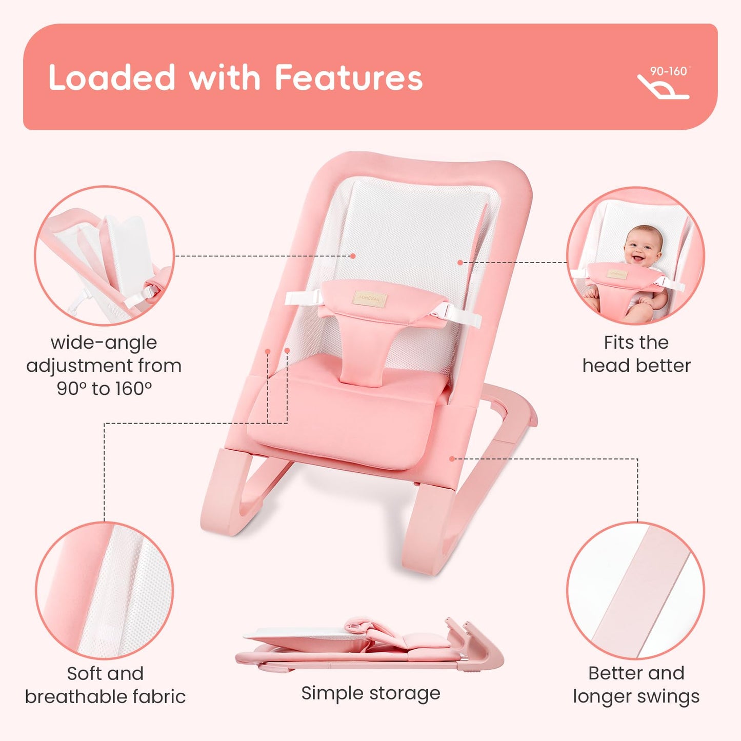 Mecedora para Bebé para Recién Nacidos de 0-12 Meses: 0-5 Años Mecedora Portátil para Bebé Niña en Rosa con Reclinación Ajustable y Arnés de 3 Puntos, Soporta hasta 60 libras