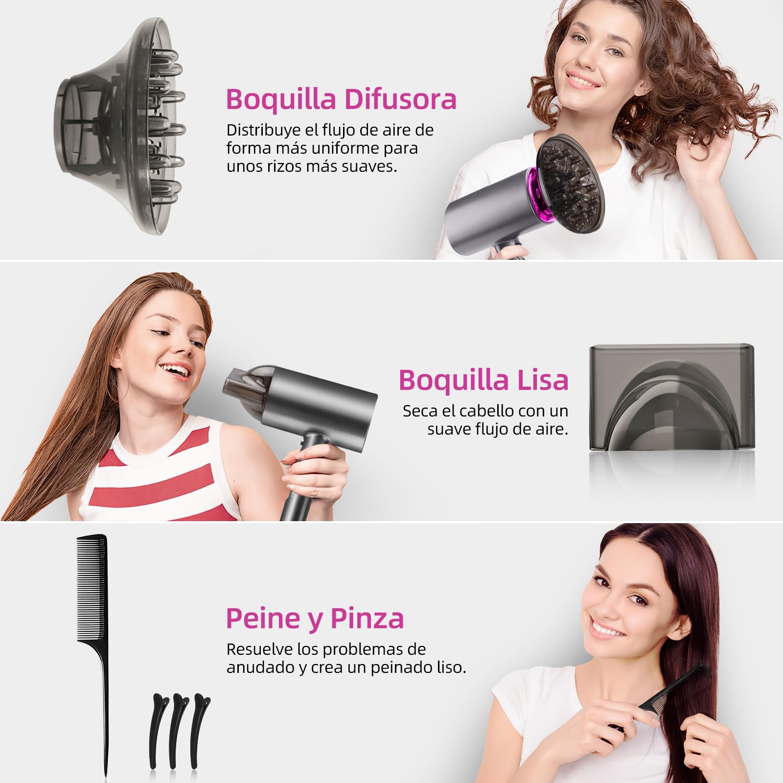 Secador de Pelo,1200W Secadora de Cabello Profesional,Secador de Pelo Iónico Baja Potencia con 3 Niveles de Viento Cálido, 2 Velocidades, Mini Secador de Soplado Plegable con Boquillas y Difusor para Hogar, Salón de Belleza, Viajes,Gris