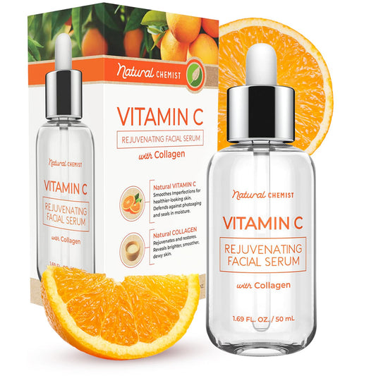 Natural Chemist Suero Facial Con Vitamina C Y Colágeno: Mejora La Elasticidad De La Piel, Reduce Las Manchas Oscuras Y Las Arrugas, Ilumina El Cutis - 1,69 Onzas Líquidas/50 M Vitamina C Y Colágeno