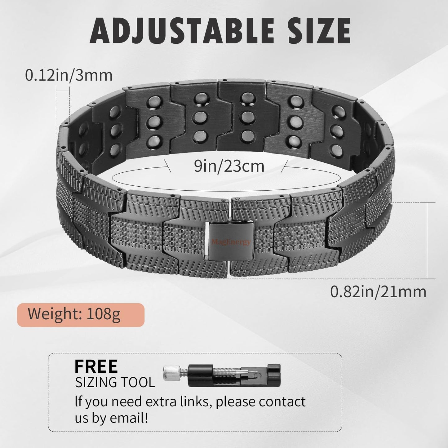 MagEnergy - Pulsera de cobre para hombre, 3 pulseras magnéticas de 99,99% cobre puro, pulsera ajustable con herramienta de tamaño, 9inches, Cobre, No es una piedra preciosa