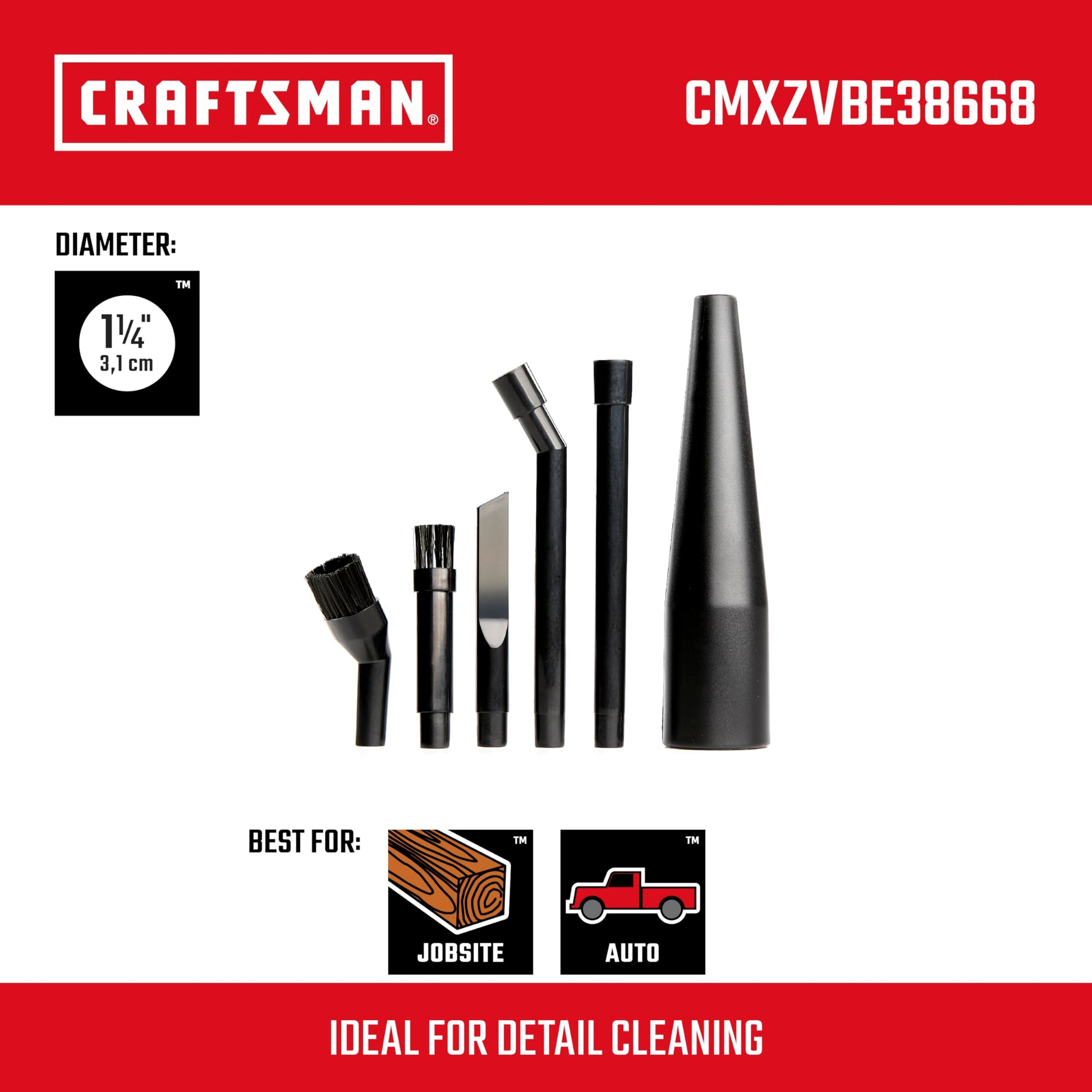 CRAFTSMAN CMXZVBE38668 1-1/4" Kit de 6 Piezas de microlimpieza para aspiradora húmeda y Seca, Accesorios de aspiradora de Grado Industrial para Limpieza intrincada y Detallada, se Adapta a 1-1/4