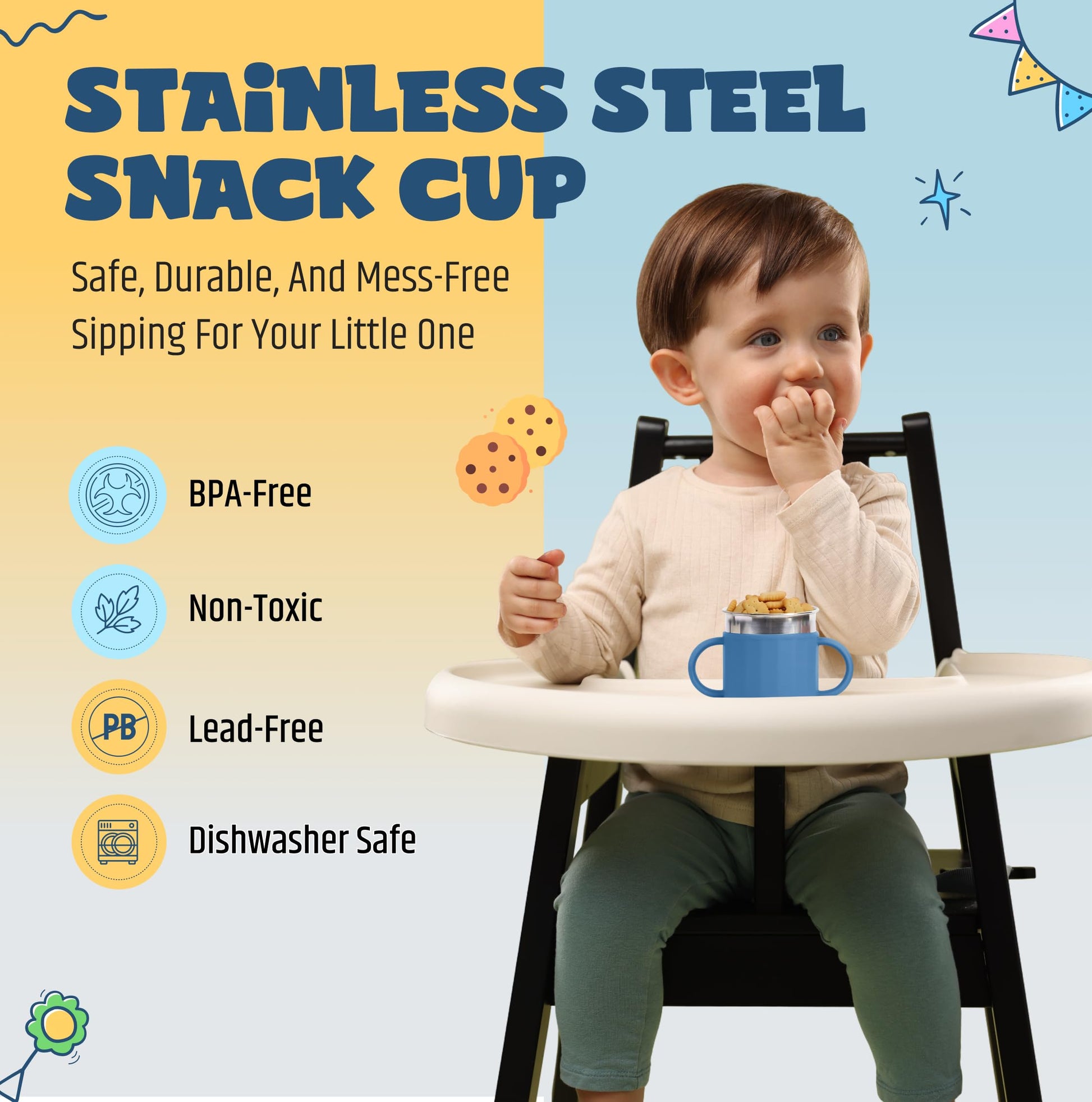 Jumble Dream - Taza de botanas de acero inoxidable para niños pequeños – Contenedor de botanas de silicona a prueba de derrames – Sin BPA, no tóxico, apto para lavaplatos, acero inoxidable de grado