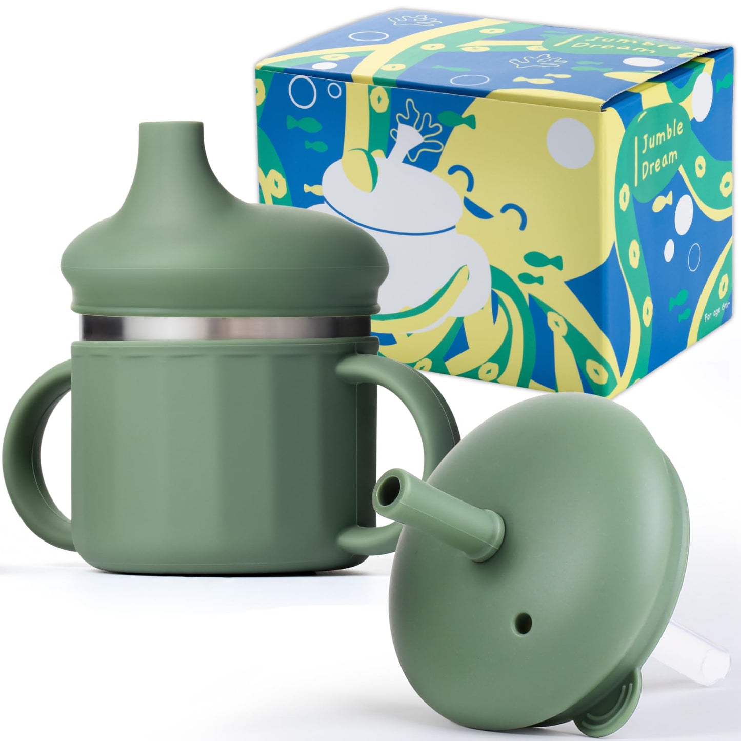 Jumble Dream - Taza de acero inoxidable con silicona para bebés y niños pequeños con popote, vaso entrenador para bebés con popote sin derrames | Tazas con popote para niños de 1 a 3 años (Sage Breeze