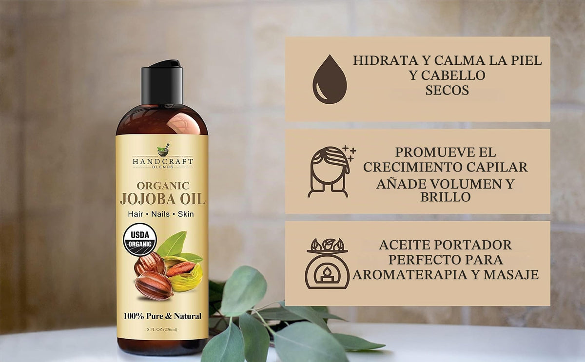 Handcraft Blends Usda Aceite de Jojoba Orgánico - 8 FlOz - Puro y Natural - Aceite de Grado Premium para Rostro, Cuerpo y Cabello - Aceite Antienvejecimiento - Prensado En Frío y Sin Hexanos - El Empa