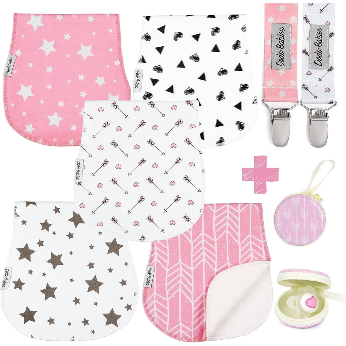 Baby Burp Cloths Pack of 5 by Dodo Babies + 2 Pacifier Clips + Pacifier Case Premium Quality For Girls Soft and Absorbent Excellent Baby Shower/Registry Gift
