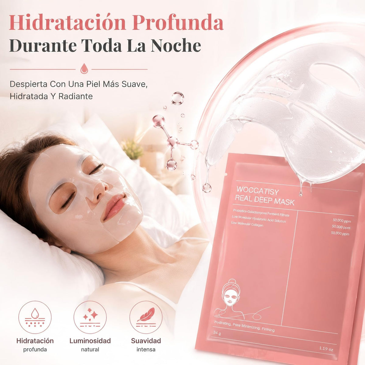 Woccatisy Mascarilla de Colágeno para Mujer - 8 Piezas - Mascarilla Hidrogel con Niacinamida - Hidratación Profunda 8h - Reduce Poros - Aporta Brillo y Elasticidad