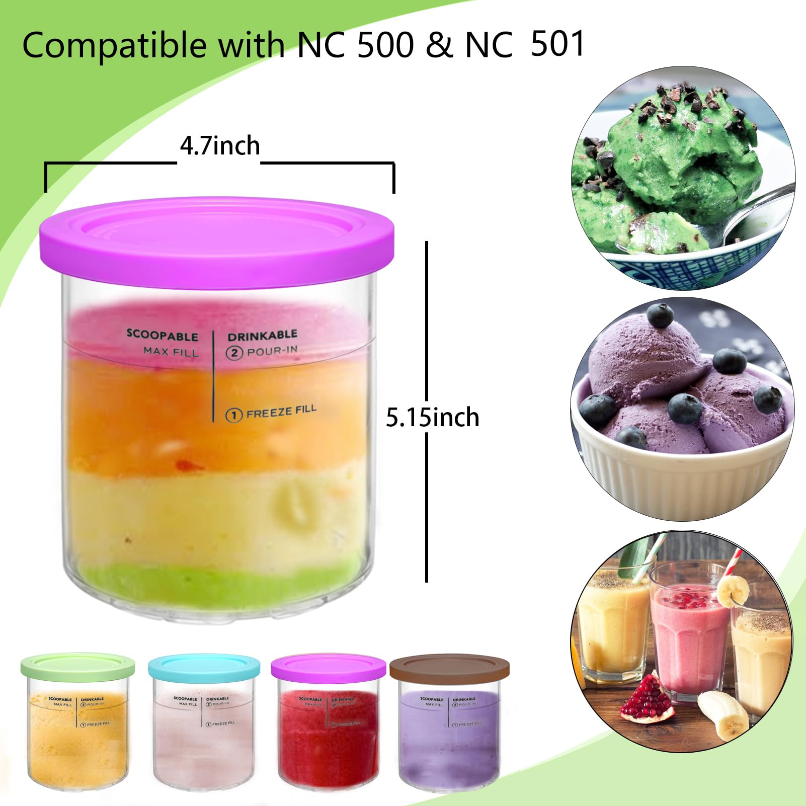Repuesto de Pintas y Tapas Creami Deluxe Compatible Ninja Morado Azul Café Verde Paquete de 4 Heladera 24 Oz XL Copas para 11 en 1 Series NC501 NC500