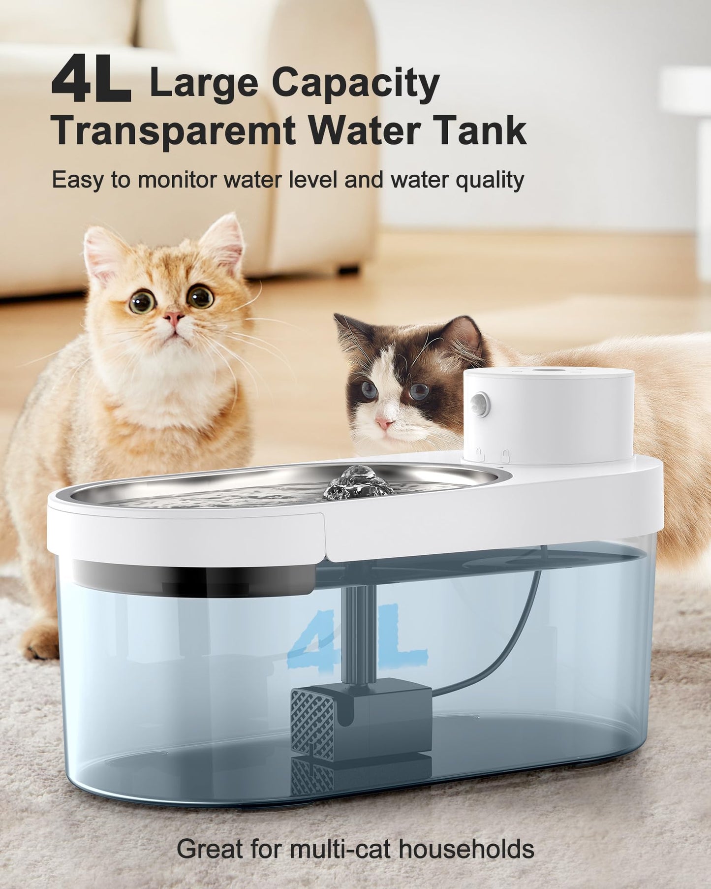 iweepet Fuente de agua para gatos inalámbrica y ultra silenciosa de acero inoxidable, fuente para mascotas que funciona con batería de 5000 AMH con 3 modos de flujo, fuente de agua de gran capacidad d