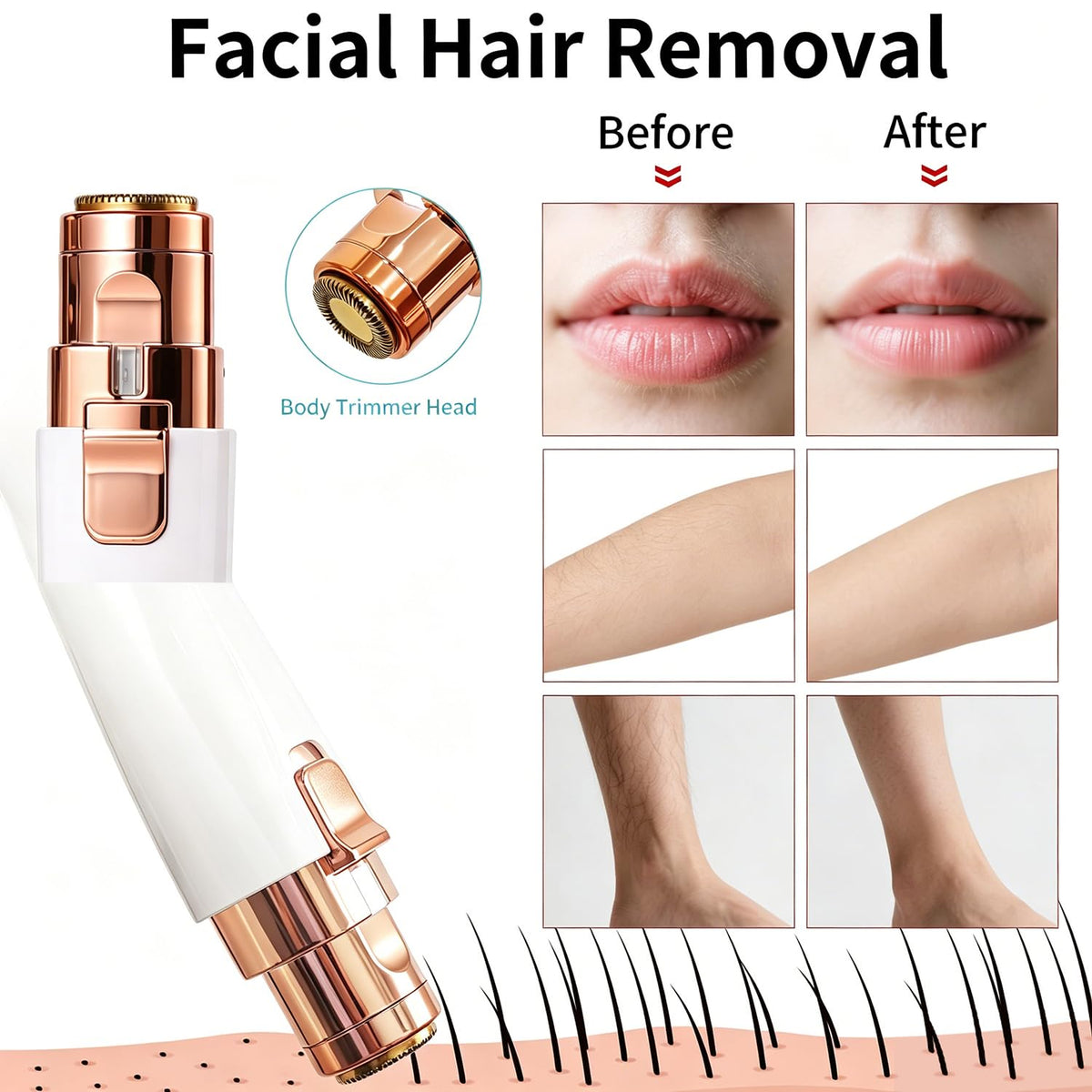 Removedor de pelo facial para mujer: dispositivo eléctrico 2 en 1 para barbilla y labios superiores + recortador de cejas recargable con luz incorporada