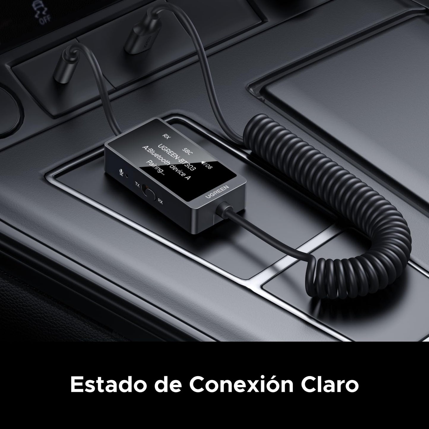 Transmisor Receptor Bluetooth 5.4 UGREEN Negro 2 en 1 para Llamadas Manos Libres y Altavoces de Coche Stereo