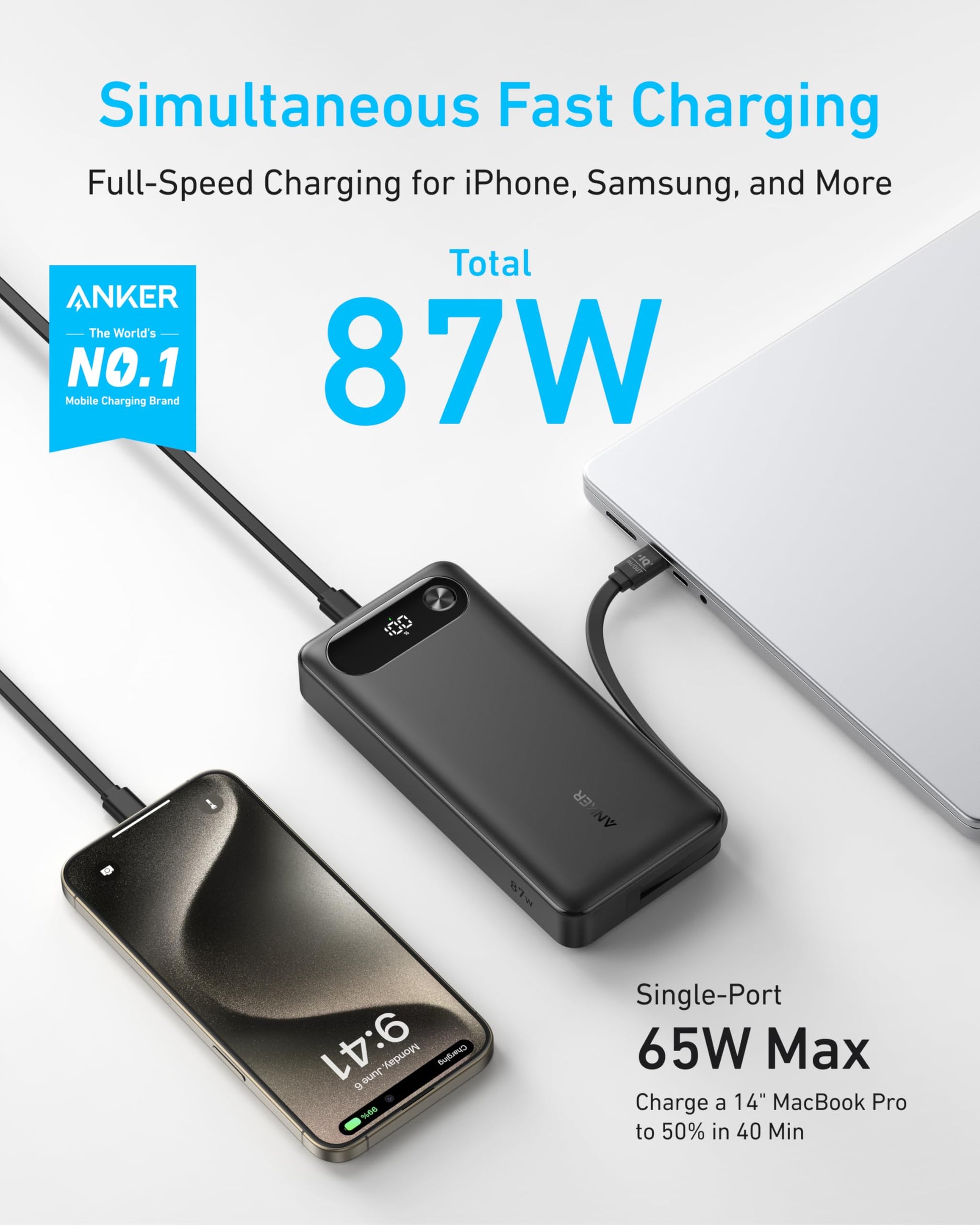 Cargador Portátil Anker 20000mAh Negro con Cable USB-C Integrado y Carga Rápida de 87W MAX