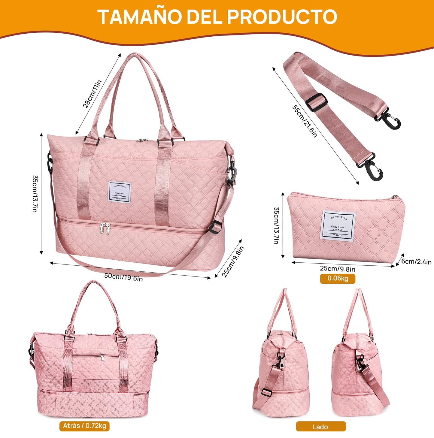 Bolsa de Deporte, Bolsa de Viaje Con Compartimento Para Zapatos y Neceser, Compartimentos Húmedo y Seco, Gran Capacidad, Resistente al Agua (rosa)
