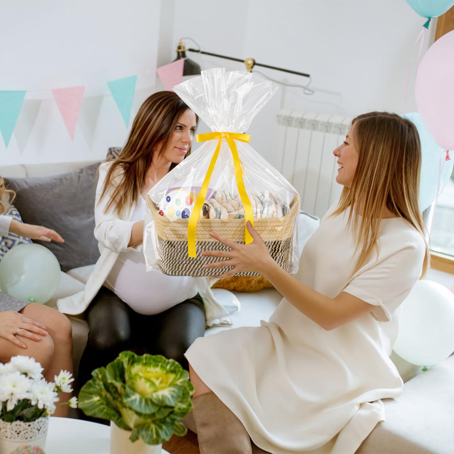 OIAHOMY Cesta tejida, cesta de regalo vacía con bolsas de regalo y cintas, cestas de cuerda para baby shower, cestas de almacenamiento con asas para guardería, organizador de juguetes para mascotas