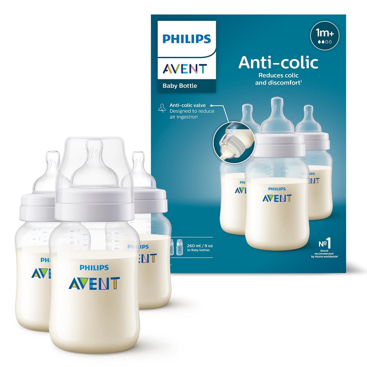 Biberón Philips Avent Anti-colic Azul con Válvula Anticólicos 9 oz Flujo Lento 3 pzs