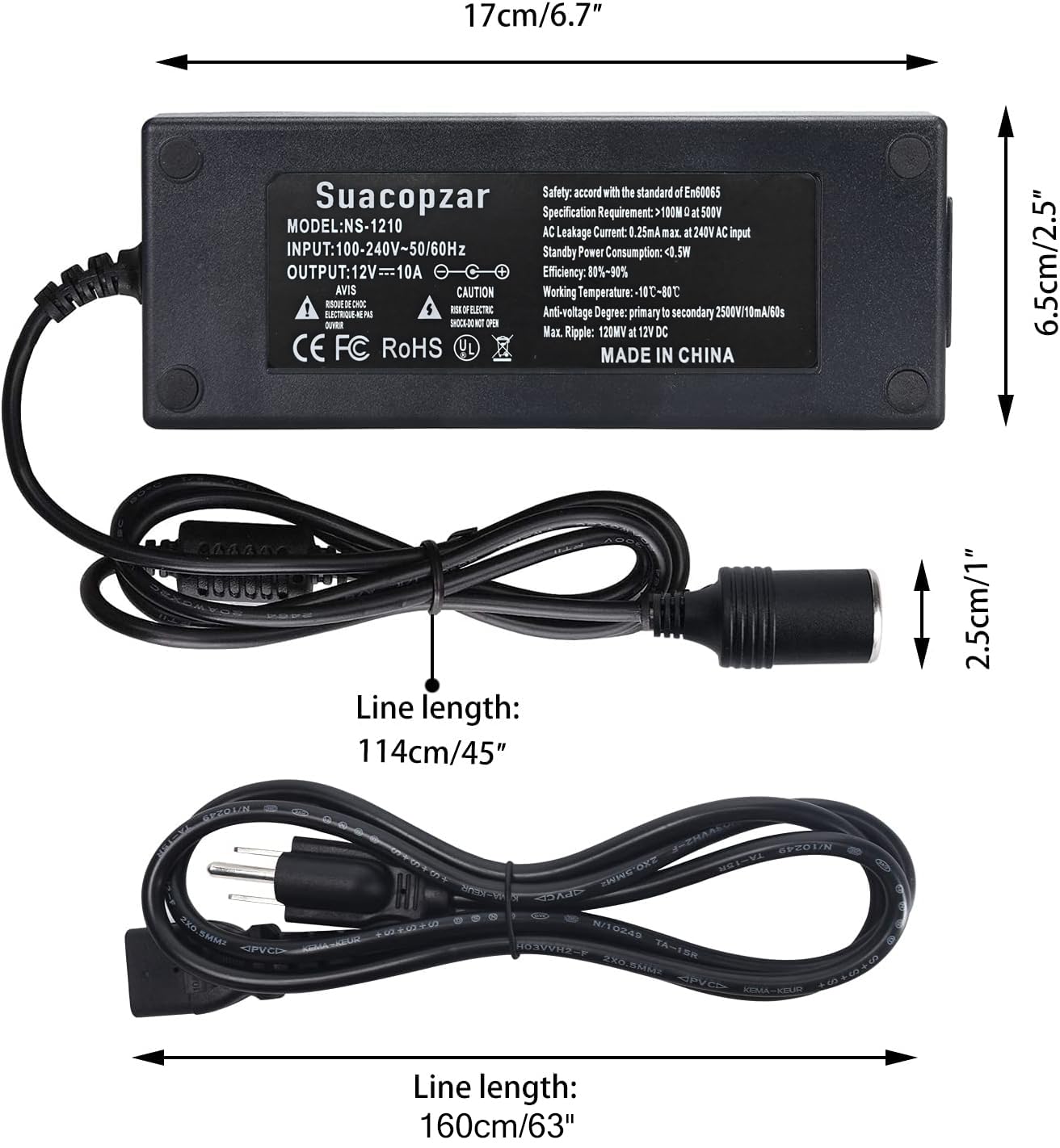 Convertidor Suacopzar 10 Pies Negro con Fuente de Alimentación de 110 V a 12 V para Coche