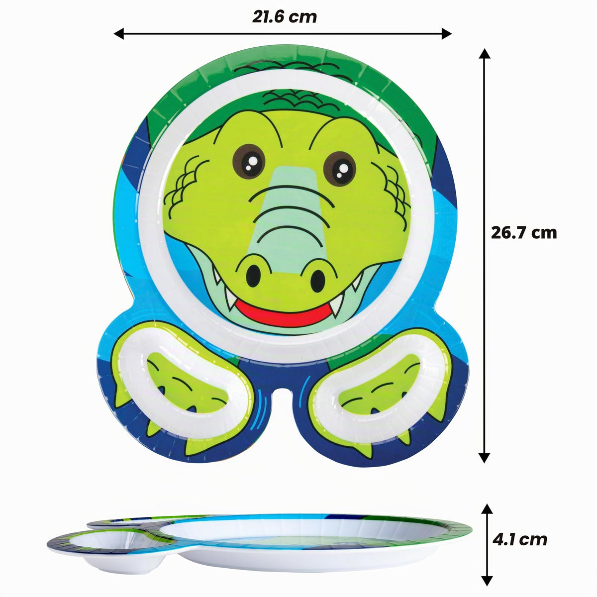 Zoo Friends Mealtime Feeding Plates - Set of 4 Different Cute Animal Dishes for Kids - Panda, Alligator, Tiger & Monkey - Divided Compartments, Melamine, BPA Free, Dishwasher Safe