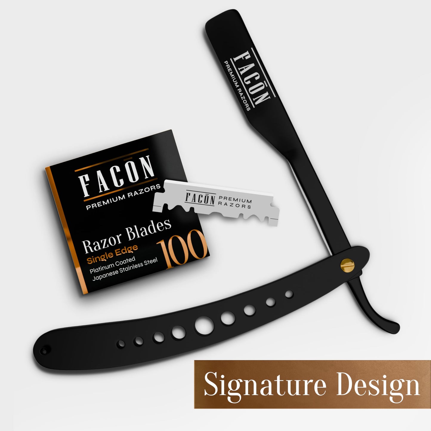 Facón Professional Straight Edge Barber Razor with Adjustable Tension Screw + 10 Blades - Salon Grade Quality Cut Throat Shavette - Japanese Stainless Steel - Black & Gold Limited Edition Gift Box