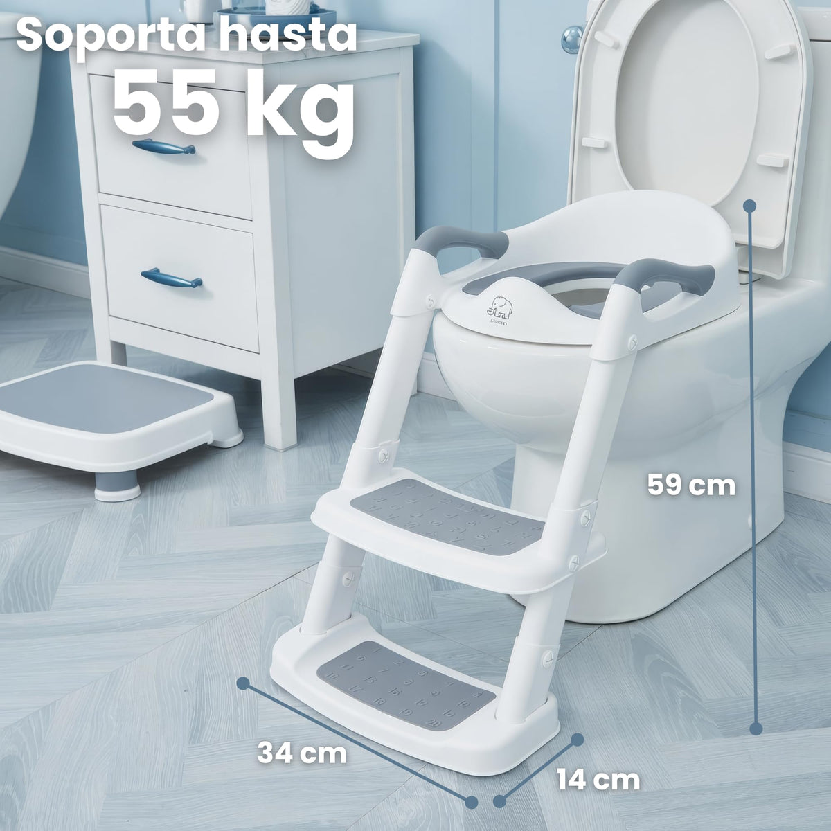 Timotech Asiento de Entrenamiento para Baño con Escalera Plegable y Cojín Suave, Adaptador de Inodoro Infantil con Agarraderas de Seguridad y Escalón Antideslizante para Niños y Niñas, Gris/Blanco