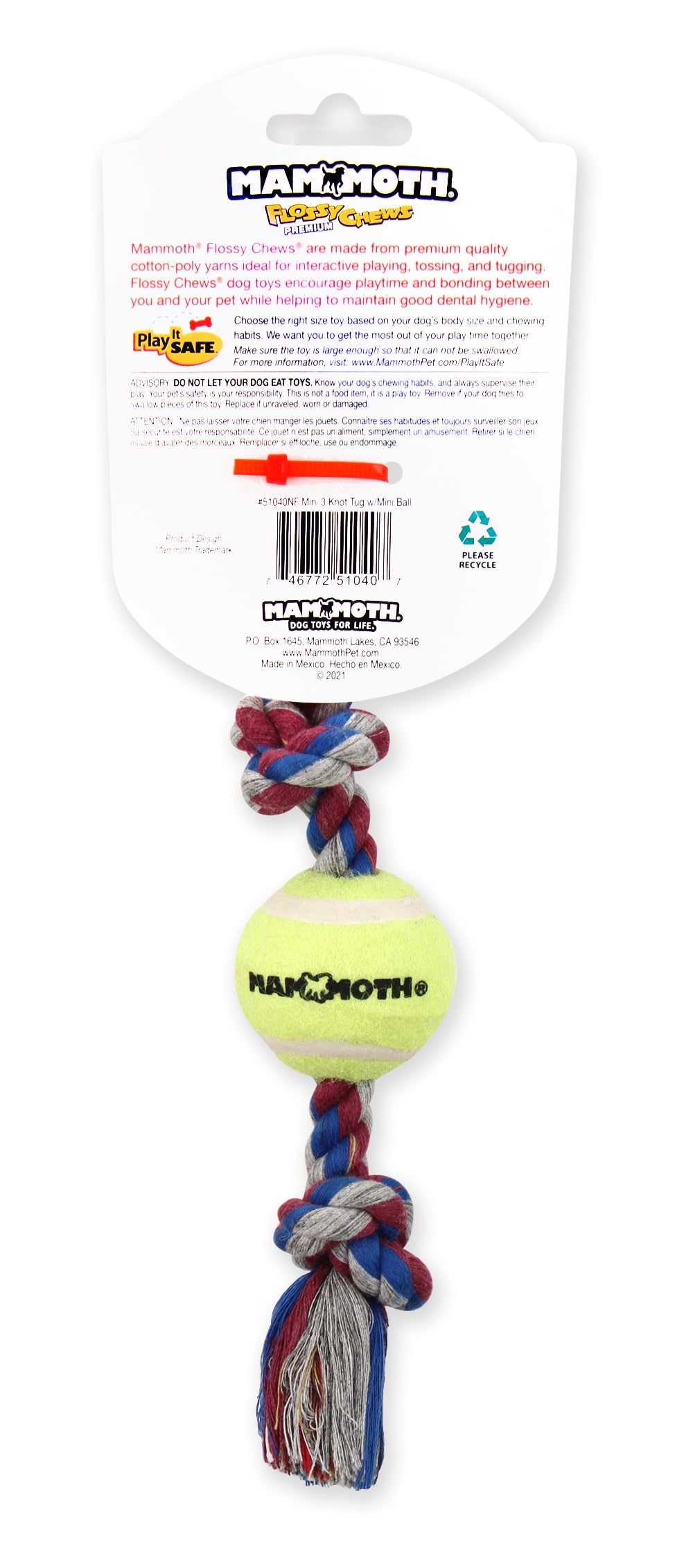 Mammoth Flossy Chews Color 3-Knot Tug with Tennis Ball, Pequeño