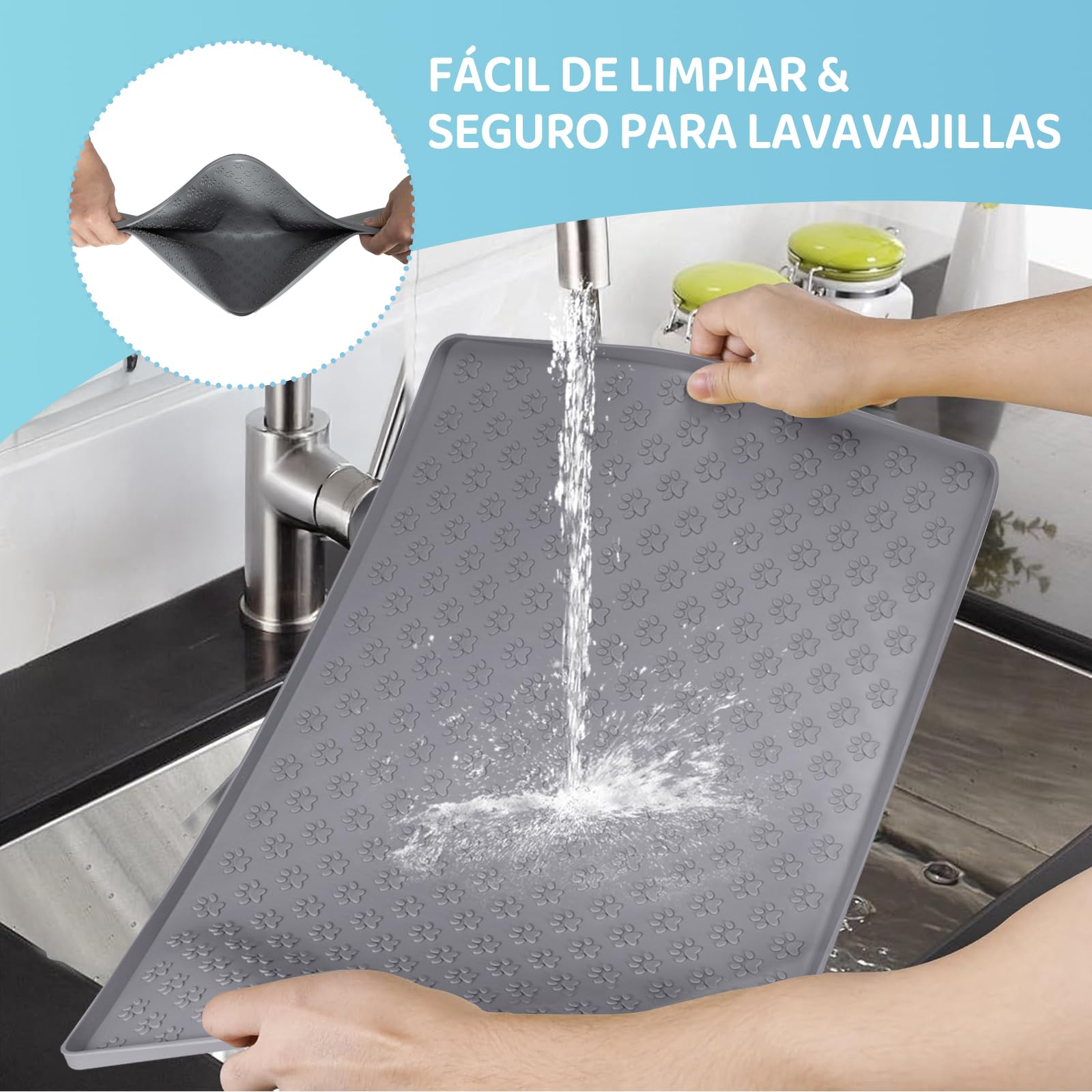 Tapete de Silicona Antideslizante para Comida de Gatos y Perros 47 x 30 cm Gris Impermeable y Fácil de Limpiar