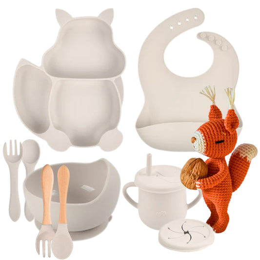Beige Silicone Feeding Set of 9 – Food Grade Silicone Toddler Self Feeding Dish Set for Feeding Tableware Snack Cover Cups with Straws Forks Spoons Adjustable Bib Easy to Clean Baby Eating Utensils