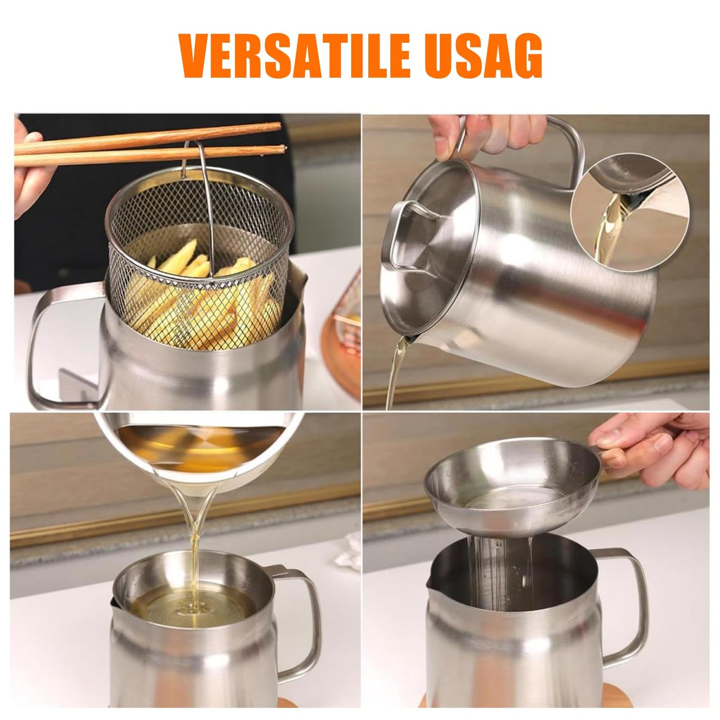 Olla Coladora de Aceite con Cesta y Tapa de Acero Inoxidable 304 2L para Cocina