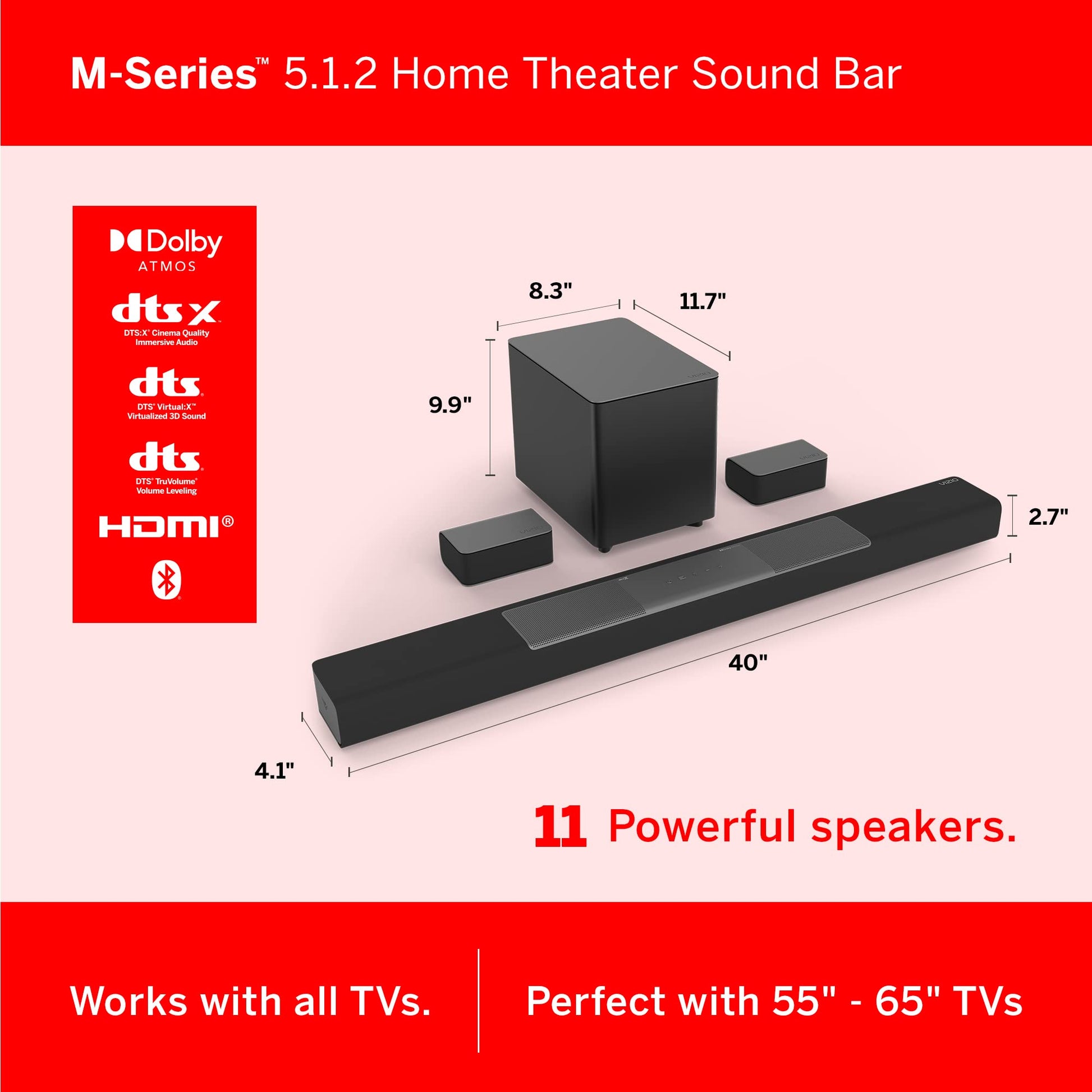 VIZIO M-Series 5.1.2 Barra de Sonido Envolvente con Dolby Atmos, DTS:X, Bluetooth, subwoofer inalámbrico, Compatible con Asistente de Voz, Incluye Control Remoto, M512a-H6