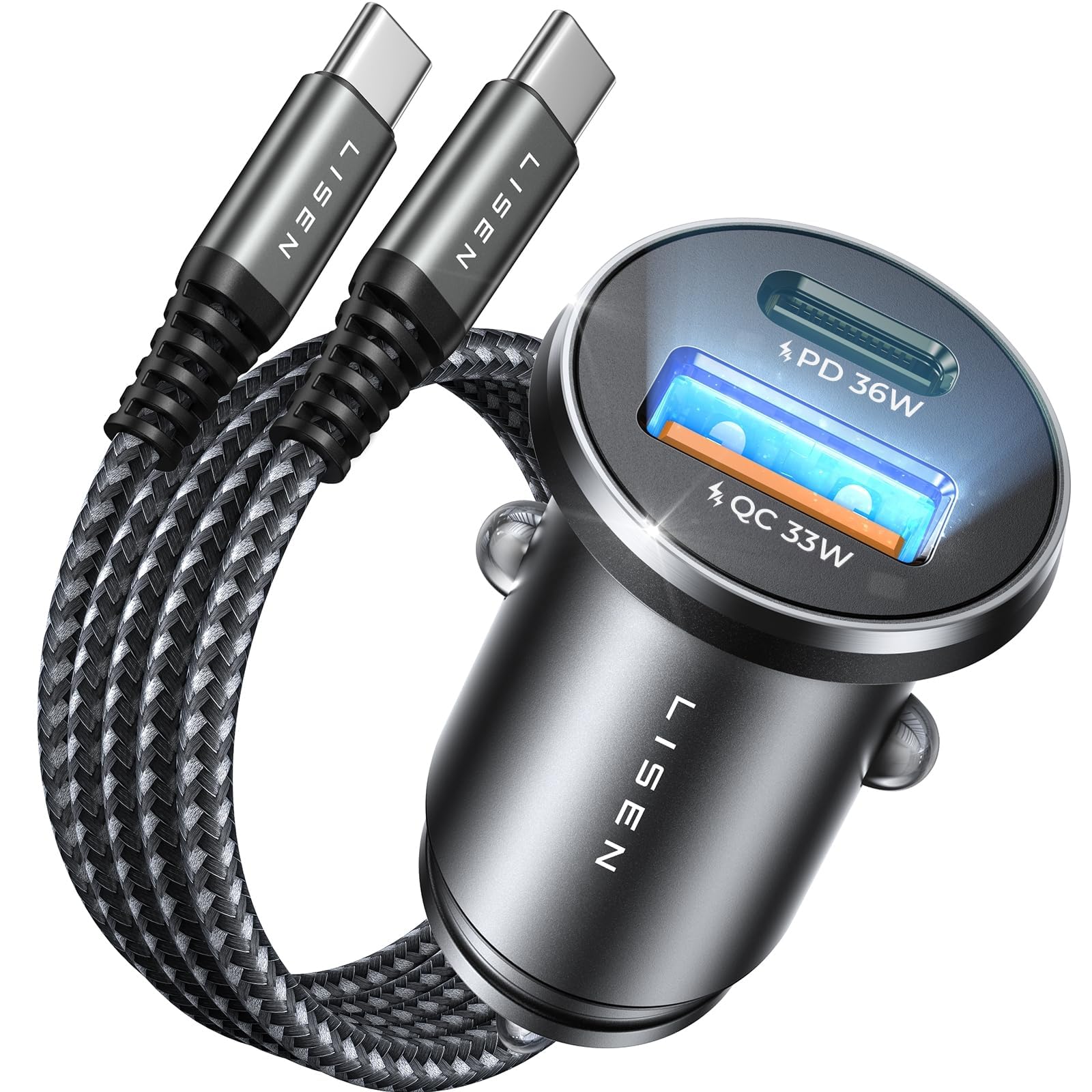 LISEN para iPhone 16 Cargador de Coche, 54W USB C Cargador de Coche de Doble Puerto de Carga rápida QC3.0 PD36W Adaptador de Encendedor de Cigarrillos, para iPhone 16 15, Samsung S24