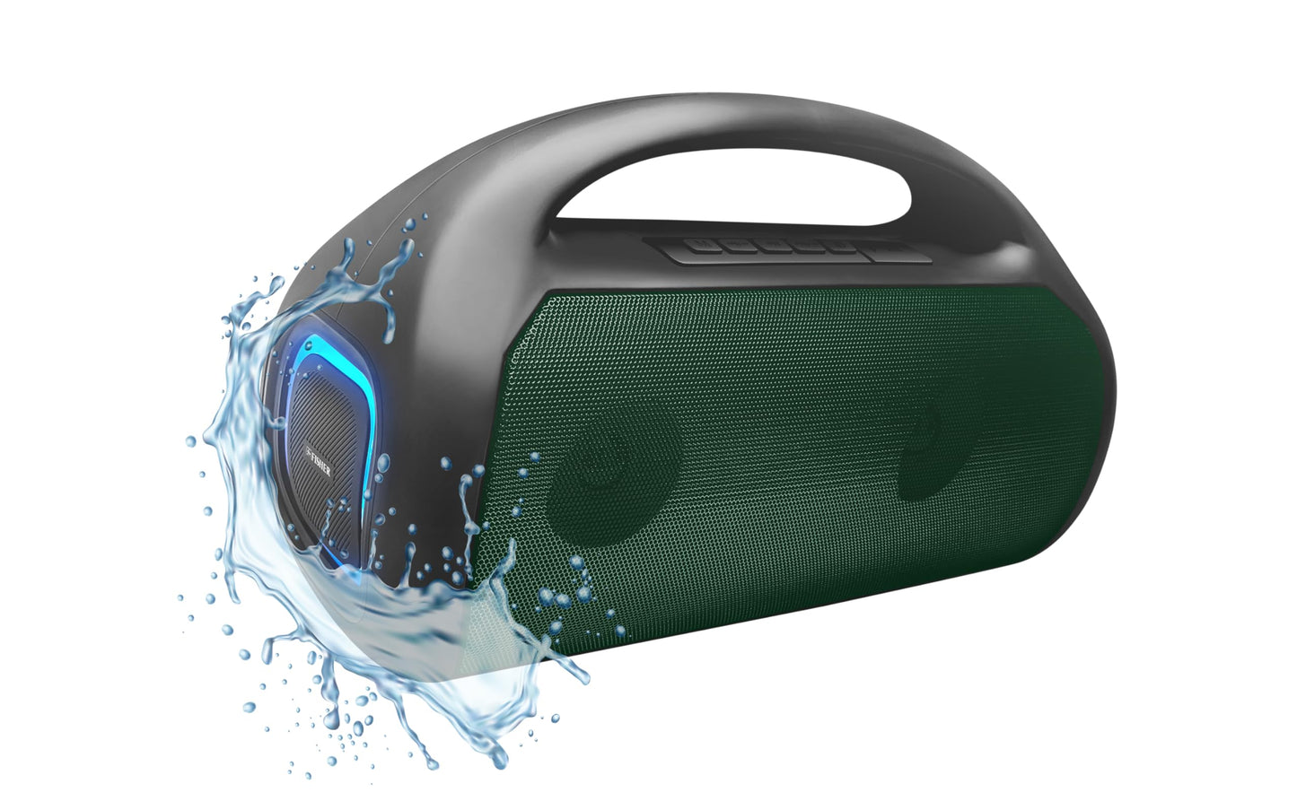Fisher - Altavoces portátiles Bluetooth - Altavoz inalámbrico portátil con potencia máxima de 20 W, sonido HD, luces RGB, IPX4 resistente al agua, emparejamiento TWS, radio FM, BT 5.3, tiempo de