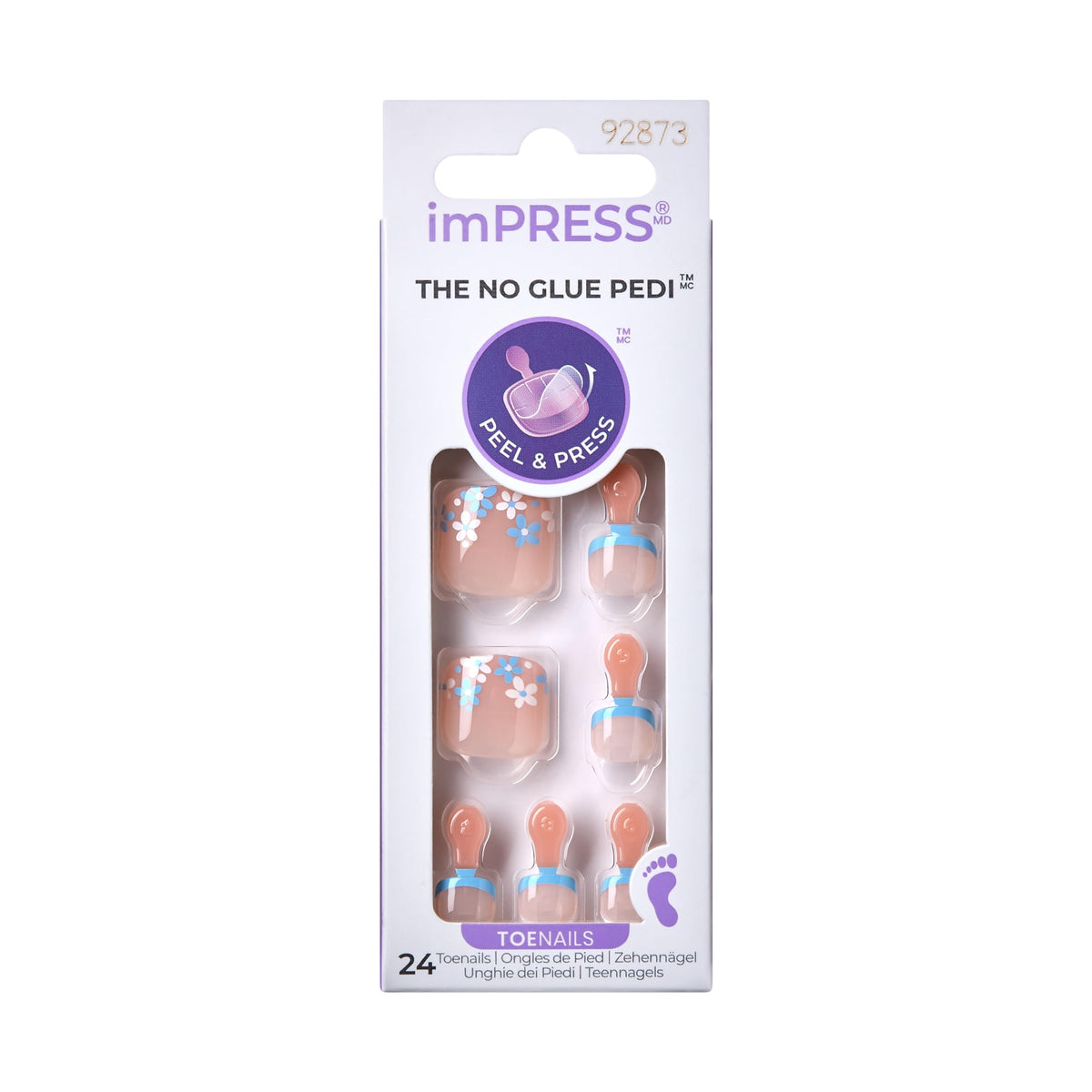 imPRESS Uñas postizas KISS sin pegamento para pedicura, diseño "Paradise Ticket", beige claro, tamaño corto, forma ovalada. Incluye 24 uñas, almohadilla de preparación, hoja de instrucciones, 1 palito