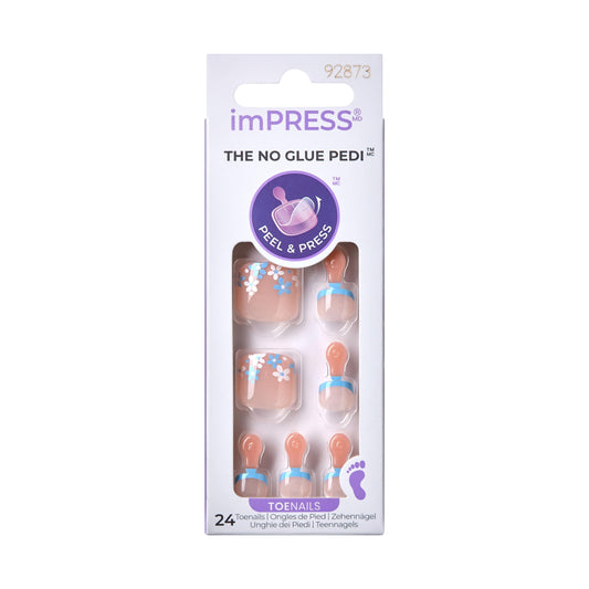 imPRESS Uñas postizas KISS sin pegamento para pedicura, diseño "Paradise Ticket", beige claro, tamaño corto, forma ovalada. Incluye 24 uñas, almohadilla de preparación, hoja de instrucciones, 1 palito