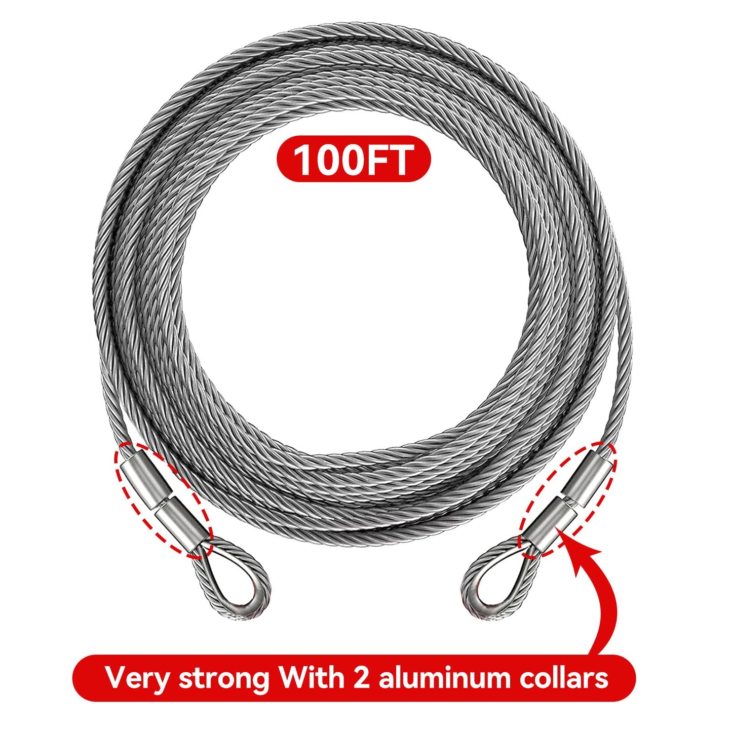 Cable de cabrestante, cable de remolque resistente, con 2 ganchos deslizantes de abrazadera en U de 3/8 pulgadas, construcción trenzada de 7 x 19, resistencia a la rotura de 100 pies