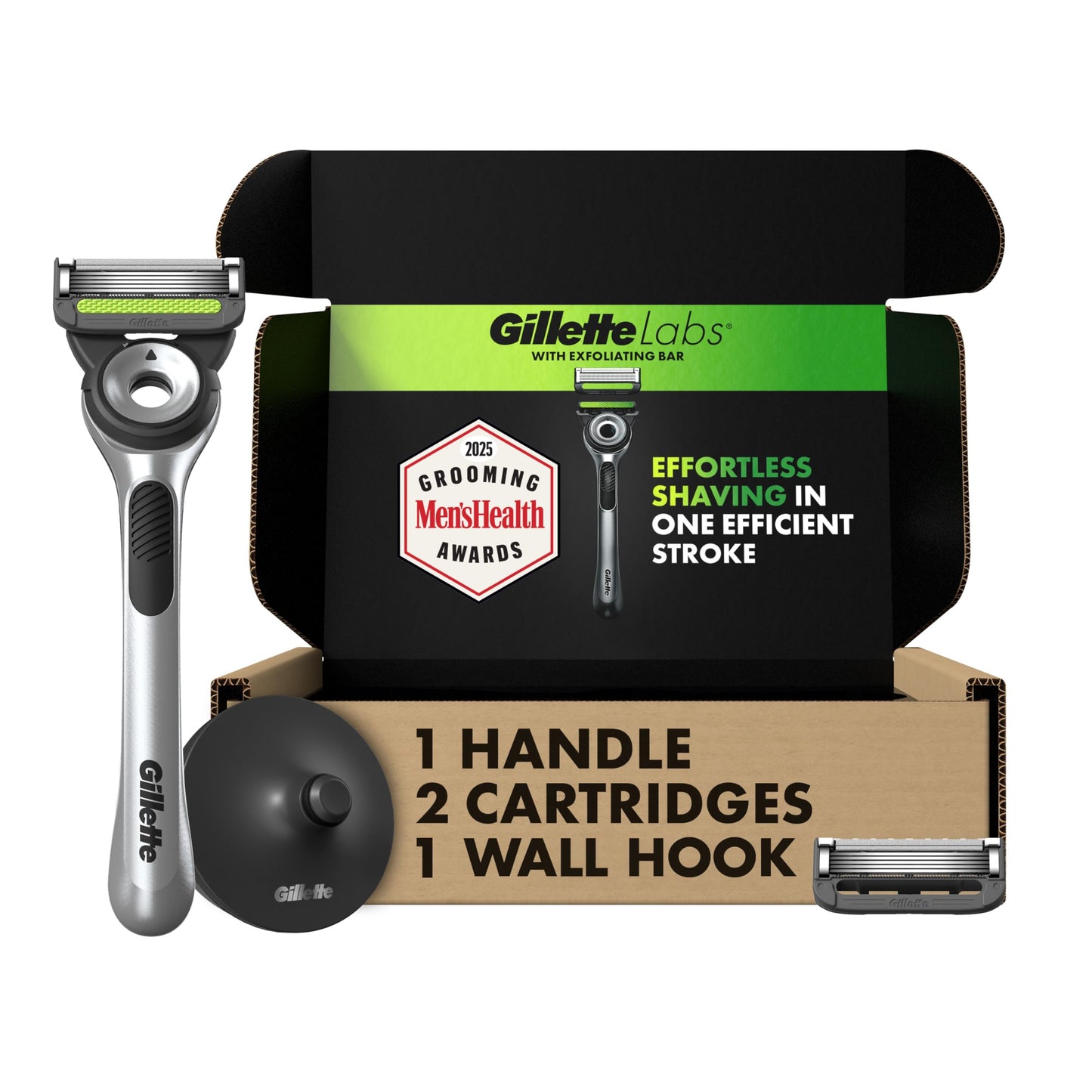 GilletteLabs with Exfoliating Bar by Gillette Men's Razor Set - 1 Shower Hook, 1 Handle, 2 Razor Blade Refills, Shower Hook, Silver and Black, Razors for Men, Mens Razors