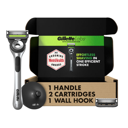 GilletteLabs with Exfoliating Bar by Gillette Men's Razor Set - 1 Shower Hook, 1 Handle, 2 Razor Blade Refills, Shower Hook, Silver and Black, Razors for Men, Mens Razors
