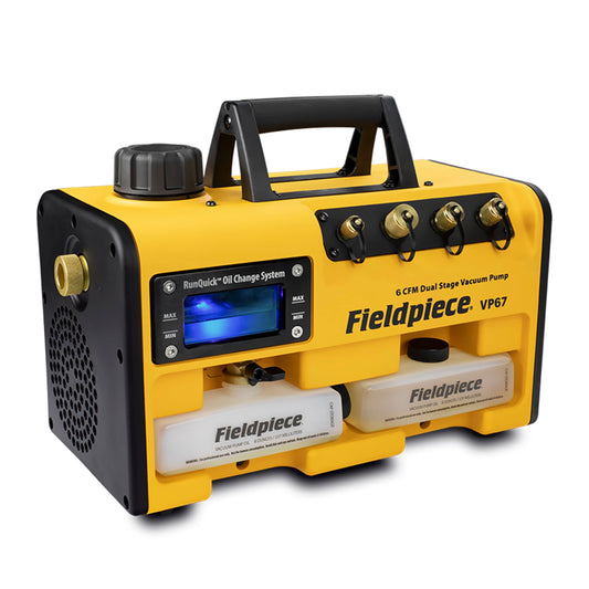 Fieldpiece VP67 - Bomba de aspiradora - 6 CFM, motor CC de 1/2 HP, sistema de cambio de aceite RunQuick - Portátil - Herramienta profesional HVAC - Compatible con A2L