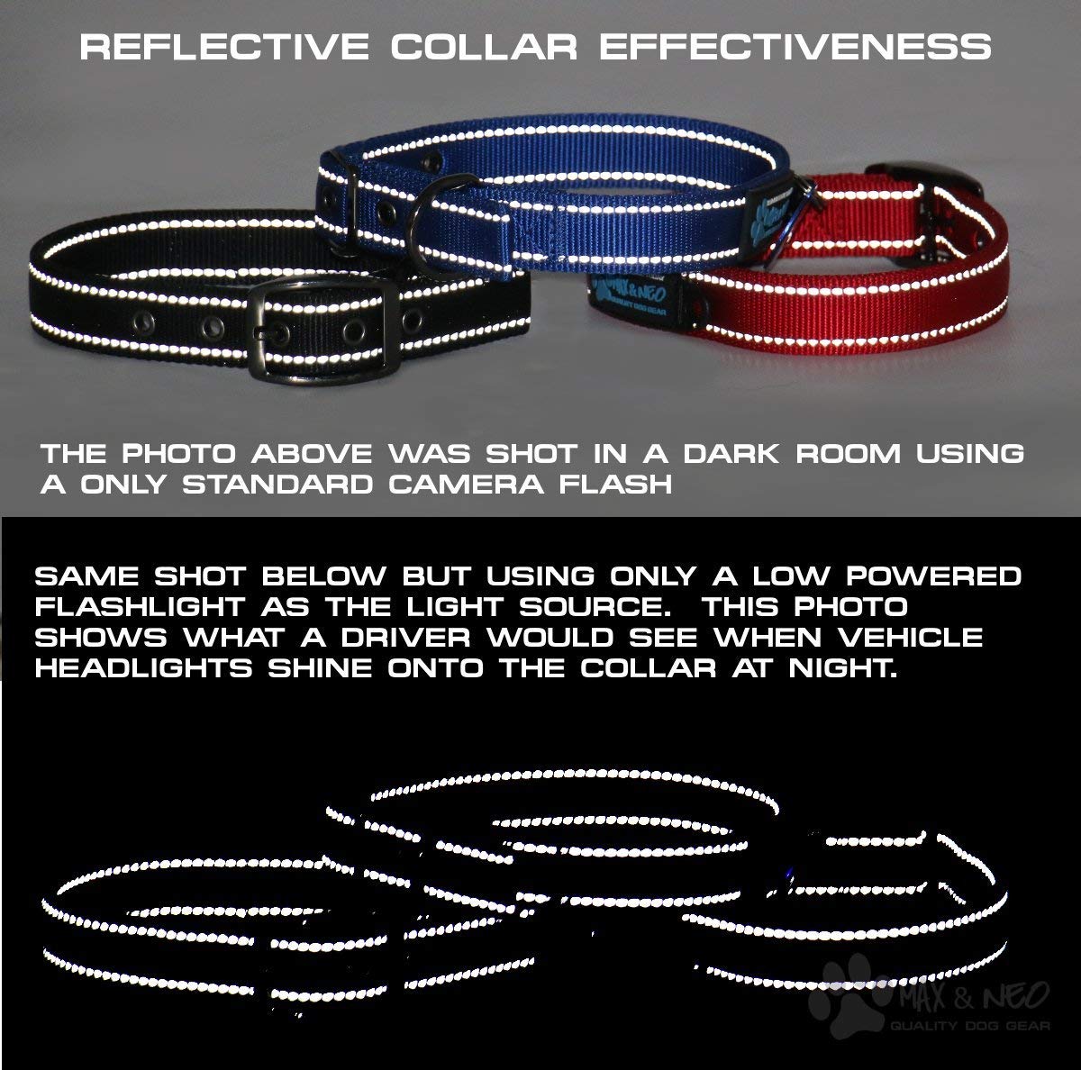 Collar para perro con hebilla de metal reflectante Max y Neo MAX – donamos un collar a un rescate de perros por cada collar vendido (pequeño, azulado)