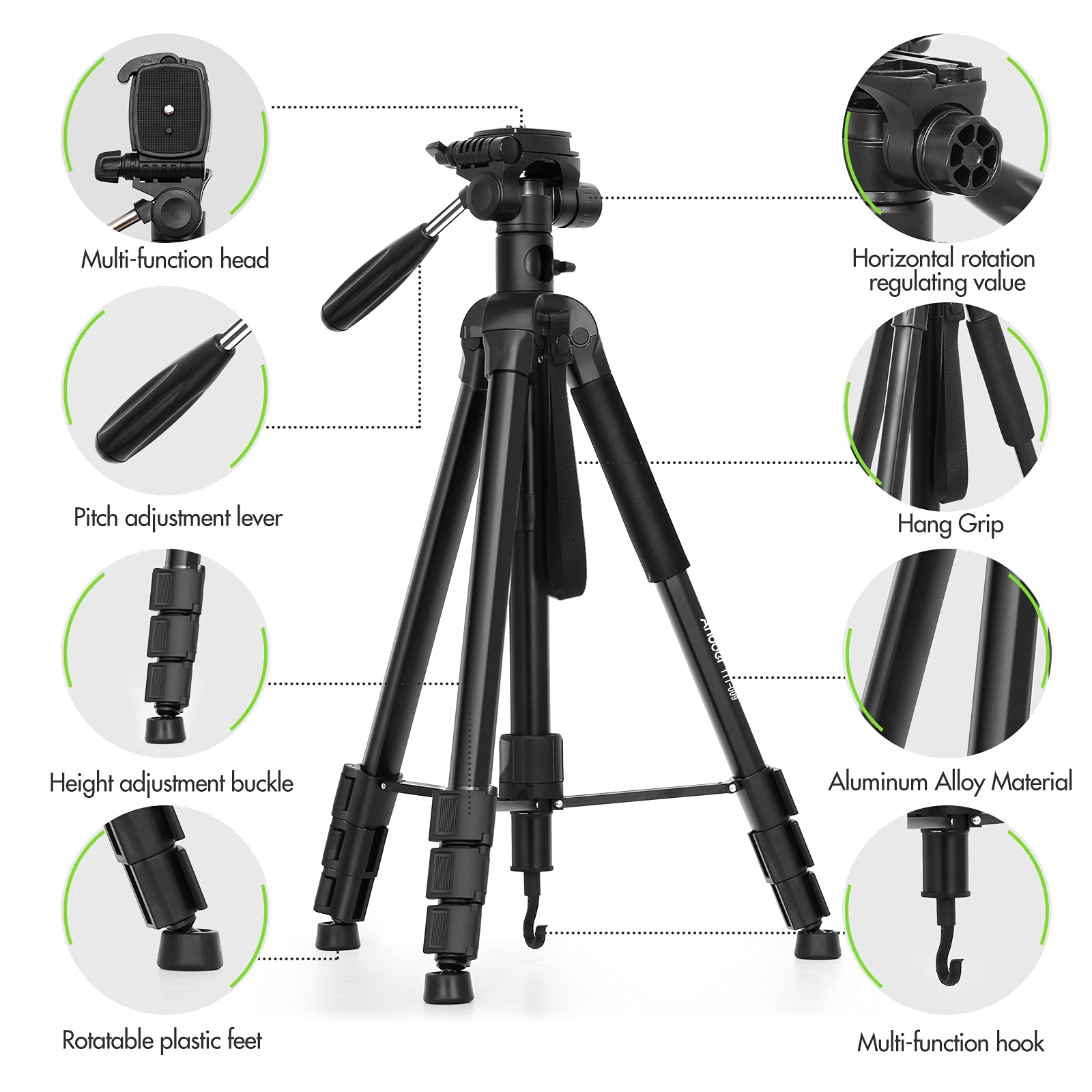 BHCASE TTT-009 Trípode de fotografía portátil de 168 CM / 66,14 Pulgadas Cámara monopié Soporte de trípode Horizontal Aleación de Aluminio Giratorio de 360 ° Capacidad de Carga de 5 kg / 11 Libras