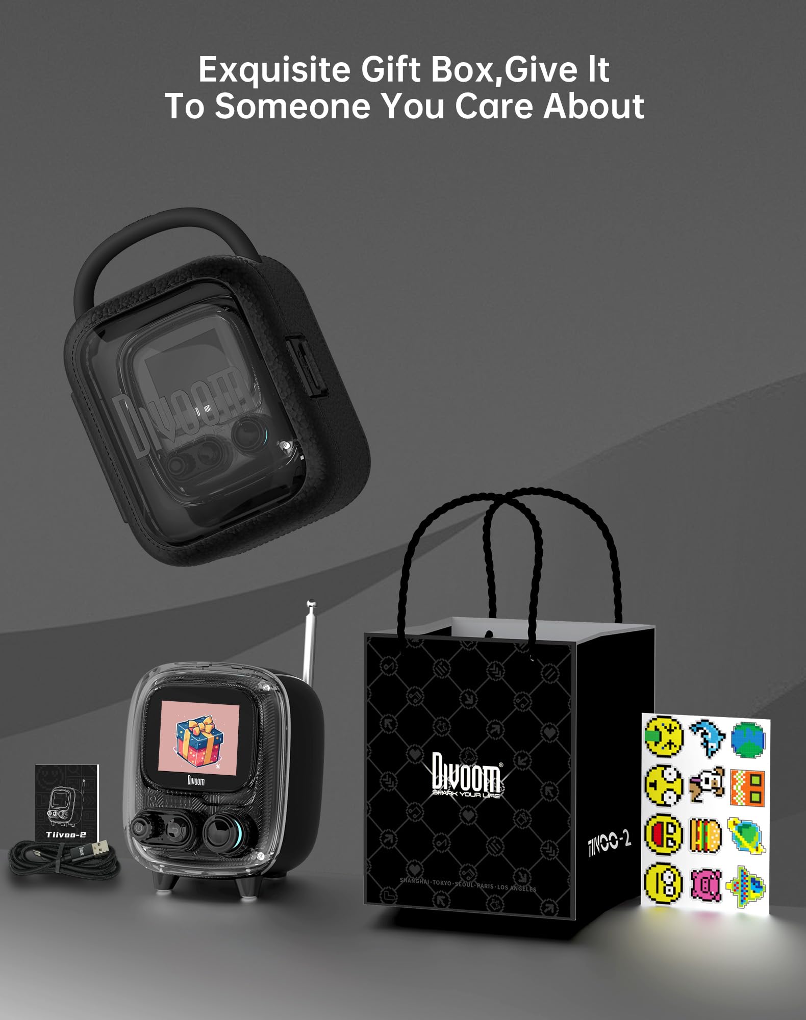 Divoom Tiivoo-2 Altavoz Bluetooth portátil con radio FM, Pixel Art Retro Mini Pequeño Altavoz Inalámbrico, Decoración clásico Adecuado para fiestas, oficina, computadora, hogar, recámara, cocina