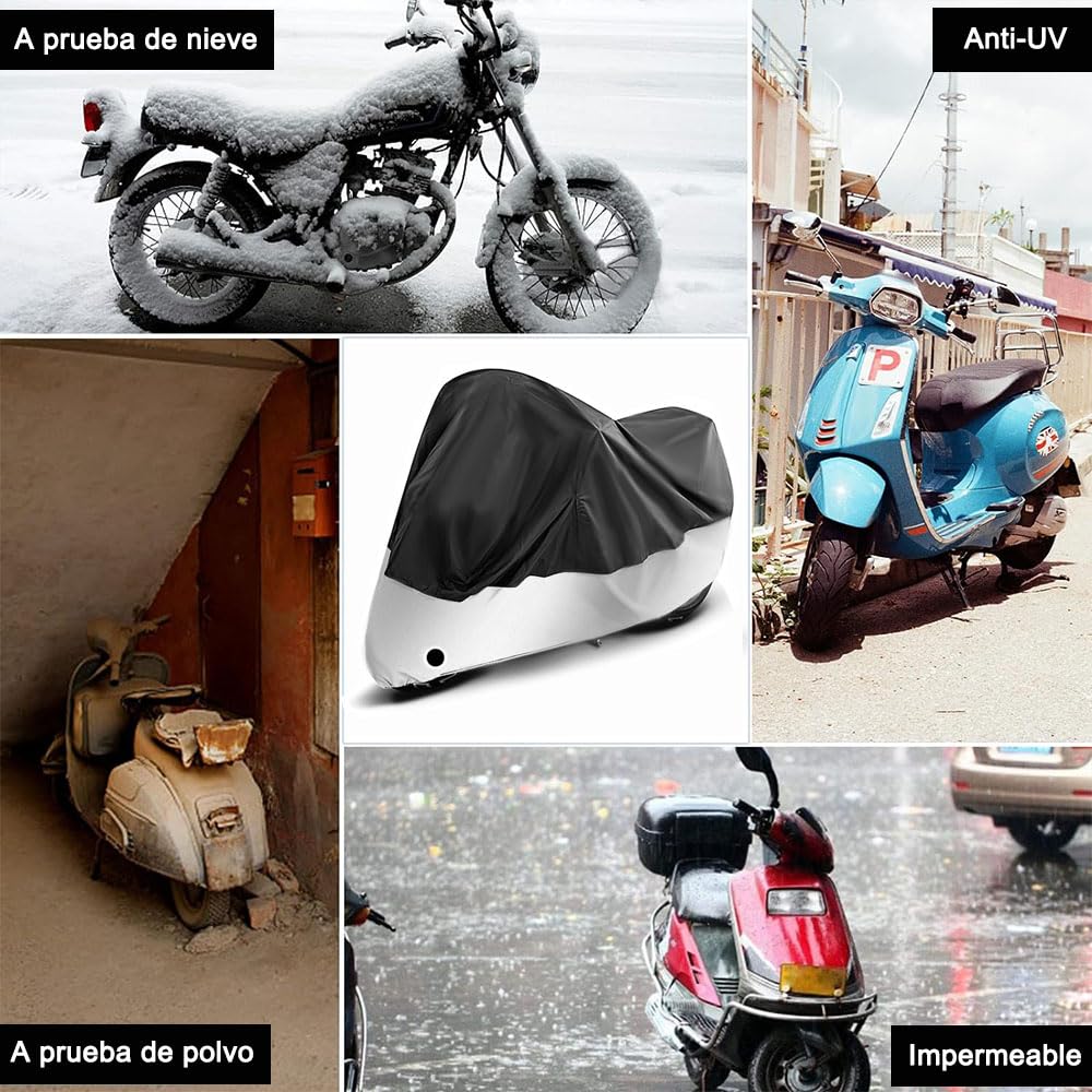 Cubierta para Motocicleta Impermeable Al Libre - Funda para Moto Protección Contra el Polvo, Lluvia y Clima, Agujeros de Bloqueocontra, Poliéster Protección 190T (230 * 125 * 95 cm, Negro y Plata)