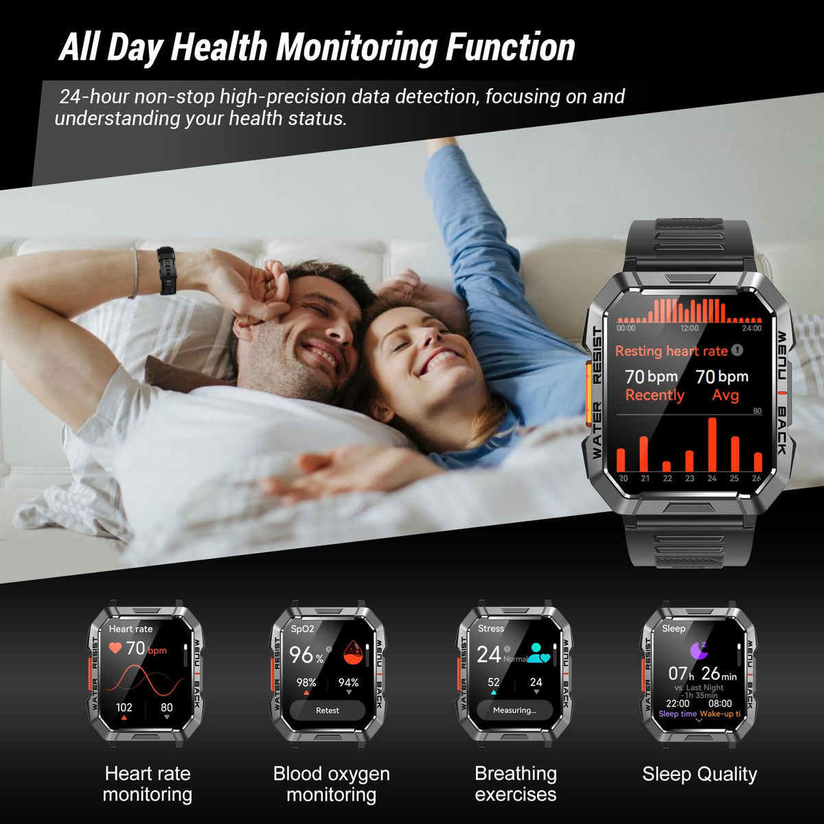 Reloj Inteligente Militar IOWODO Negro con Brújula y Llamadas para Hombre