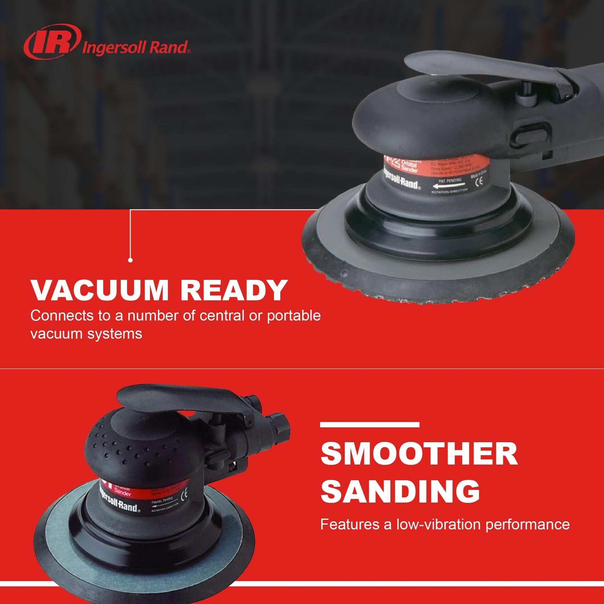 Ingersoll Rand 4151 Lijadora orbital aleatoria de 6", almohadilla de vinilo, 12000 RPM, 0.2 HP, extrae polvo y partículas a través y alrededor de la almohadilla.