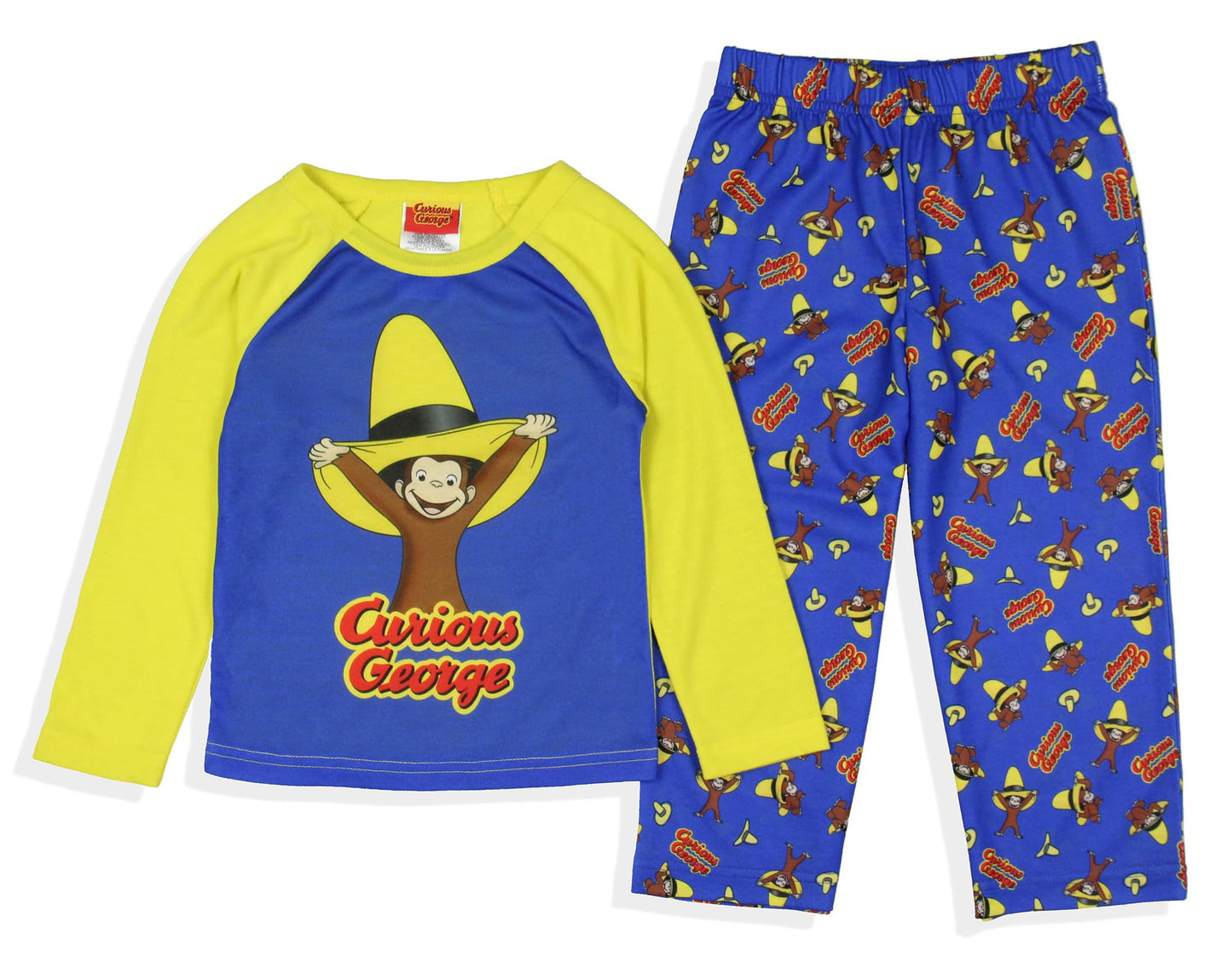 INTIMO Conjunto de pijama de 2 piezas para niños pequeños con manga larga y pantalón largo estilo raglán de Curious George Big Yellow Hat para niños y niñas, talla 4T