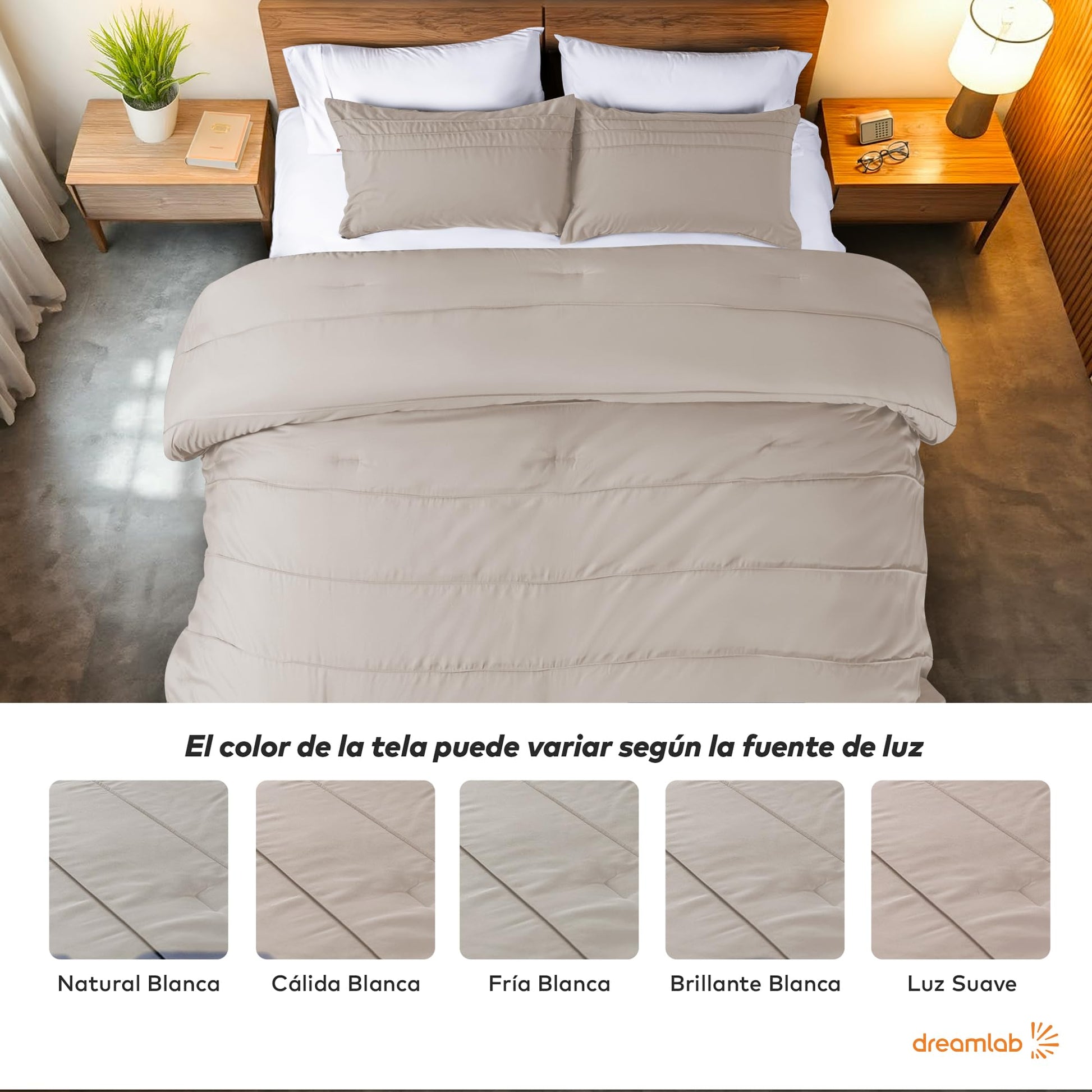 Juego Edredón Matrimonial Dreamlab Beige Ultra Suave Hipoalergénico Reversible Plisado Con Fundas de Almohada