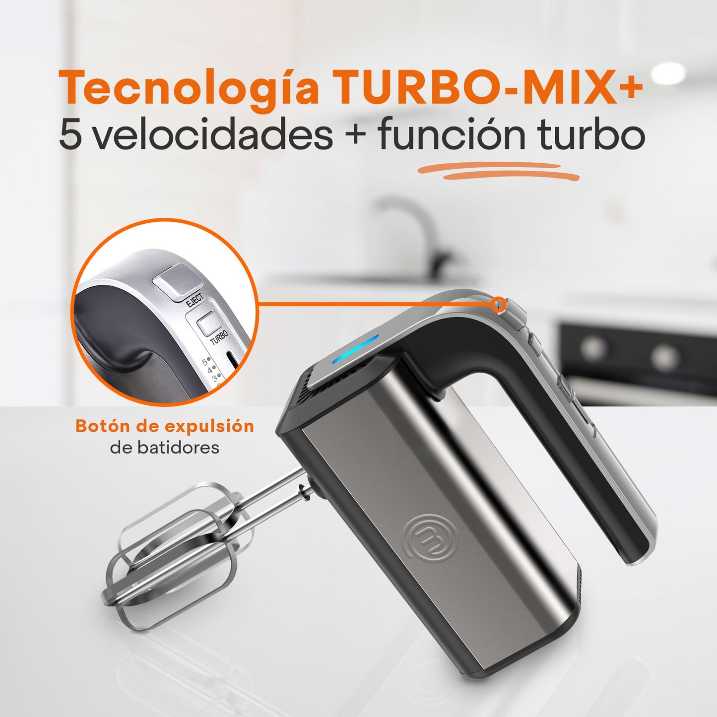 Hukën x MasterChef | Batidora de Mano Mix+ | Eléctrica Multifuncional con Amasadora y Mezcladora Turbo | 5 Velocidades | Con Aspas Intercambiables |