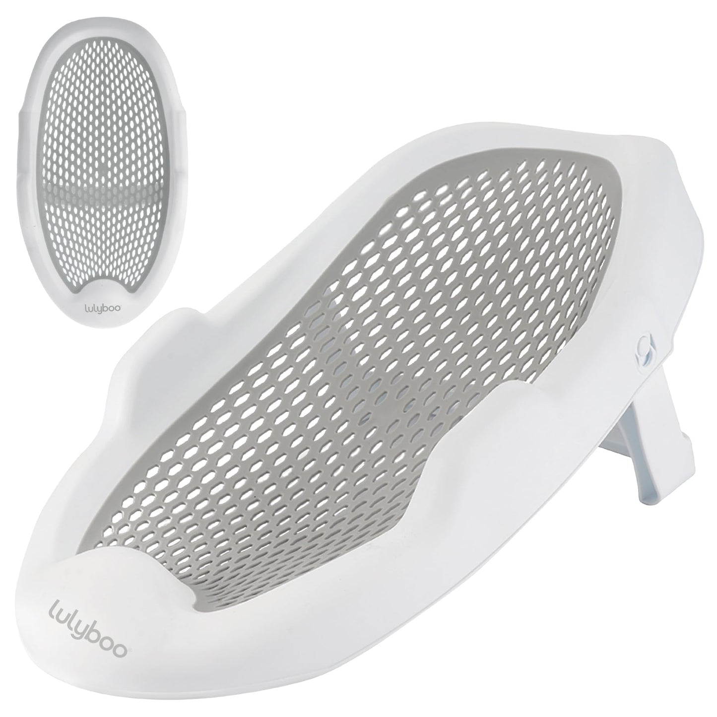 Lulyboo - Soporte plegable para tina de bebé para bebés menores de 6 meses, ergonómico, antideslizante, portátil, con cojín suave y drenaje integrado, ayuda de baño para bebé segura y ahorra espacio