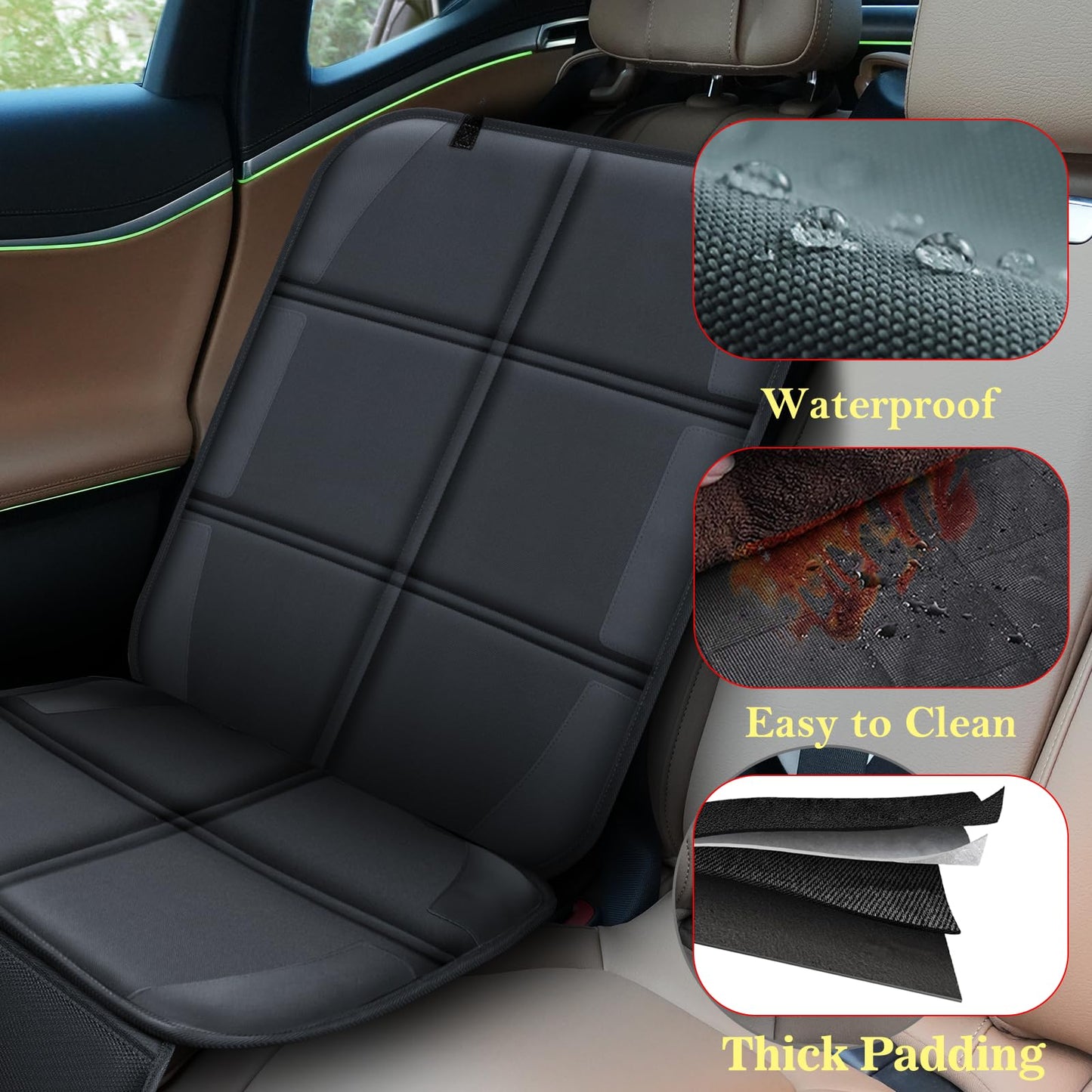 Meolsaek - Protector de asiento de coche para asiento de coche infantil, tela duradera 600D, impermeable, con almohadilla gruesa, respaldo antideslizante (sin huellas) (2 protectores de asiento negro)