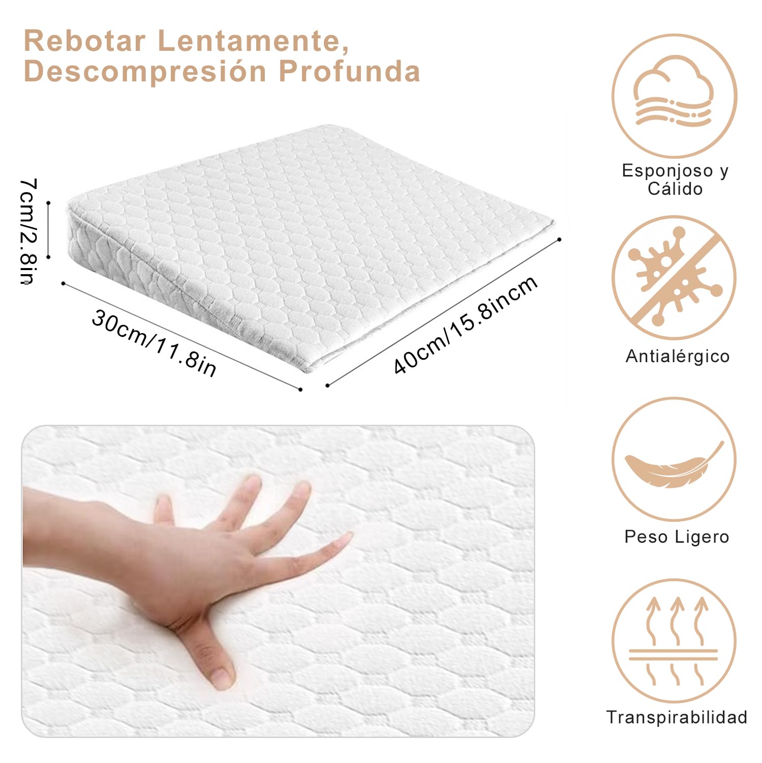 Cuña, Almohada de Espuma,Almohada Antireflujo Adulto,El Cojín del Respaldo es Suave y Cómodo, Adecuado para Su Uso en Sillas Soporte de Espalda y Reflujo Ácido, Rodilla,Ronquidos