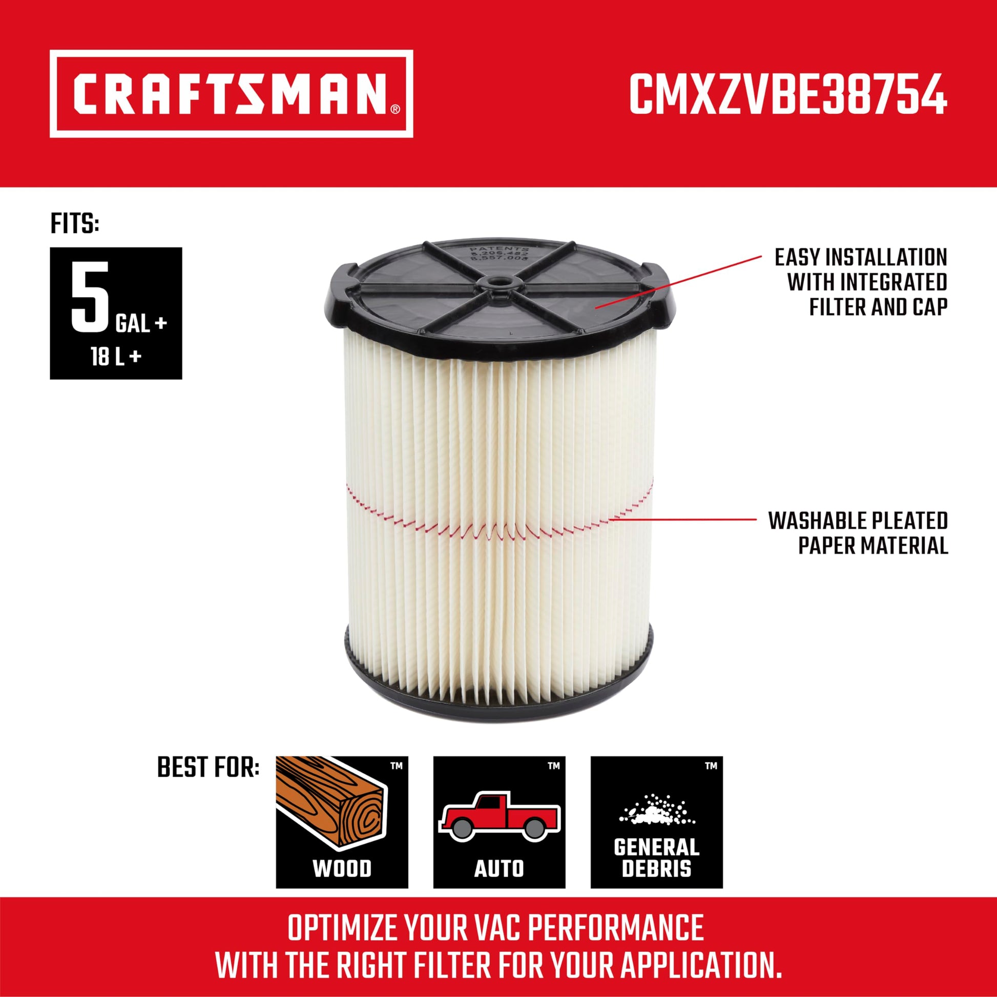CRAFTSMAN CMXZVBE38754 Filtro de repuesto para aspiradoras de tienda de 5 a 20 galones