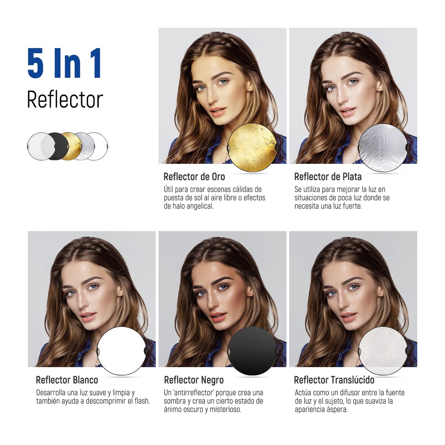 NEEWER Reflector de Luz de 32"/80cm con Empuñadura Rosca 3/8", Difusor de Luz de Disco Plegable 5 en 1 Translúcido/Plateado/Dorado/Blanco/Negro para Iluminación Fotográfica, para Exteriores, RF-110II