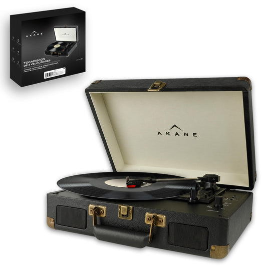 Akane Tocadiscos Vinyl Bluetooth Portátil con Bocinas Estéreo Integradas, Diseño Vintage de Maletín, Puerto USB, Salida de Audífonos y RCA, Entrada Auxiliar, Tornamesa para Vinilo de 3 Velocidades